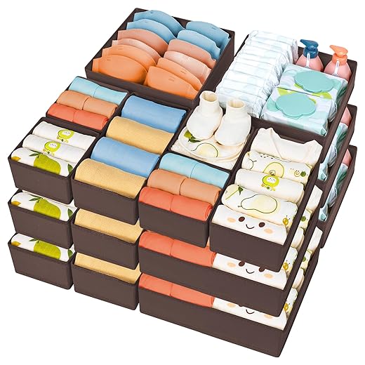DIMJ Drawer Organizer 15 Pack - Foldable Baby Organizers and Storage & Dresser Organizer for Nursery, Bedroom, Closet - Nursery Organization Dresser Dividers for underwear, Sock, Bra, Belt, Tie, Brown