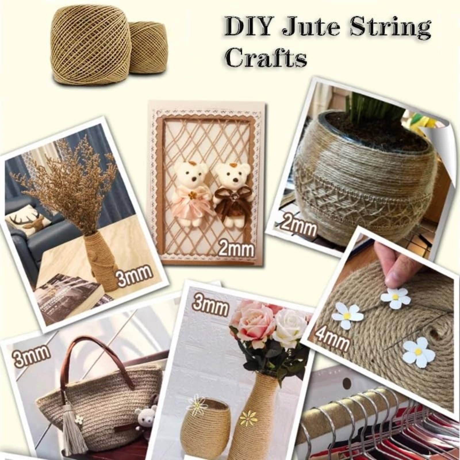 Cuerda de Yute Gruesa/Fina Natural 6mm /8mm/4mm/5mm/3mm Cuerda de Cáñamo Natural, Rollo de Corde Yute para Embalaje, Decoración, Jardinería, Fotos, Regalos, Manualidades