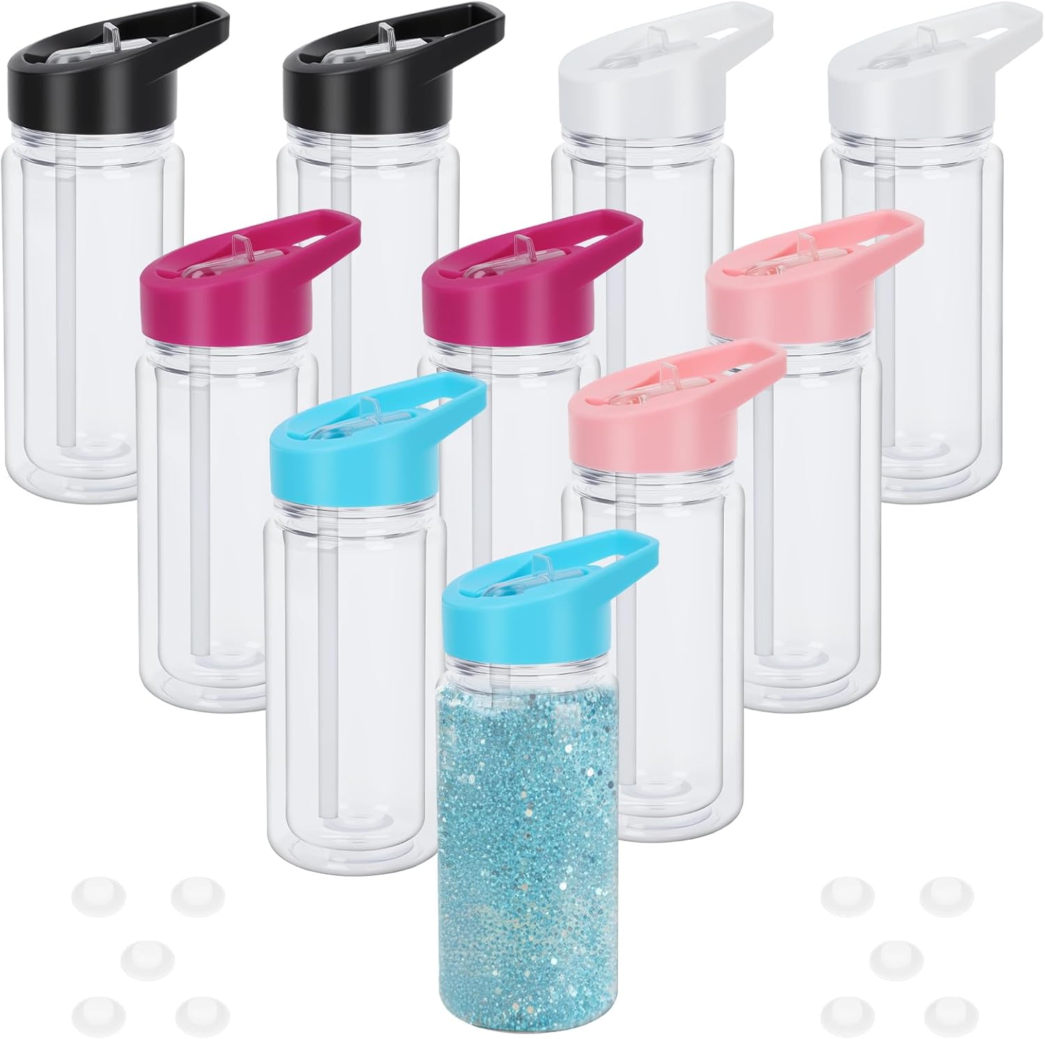 10 Packs 10 Oz Plastic Snow Globe Tumbler with Pre-Drilled Hole and Plug Double Wall Snow Globe Tumbler Leak Proof Sports Water Snowglobe Cup with Portable Handle Reusable DIY Personalized Gift