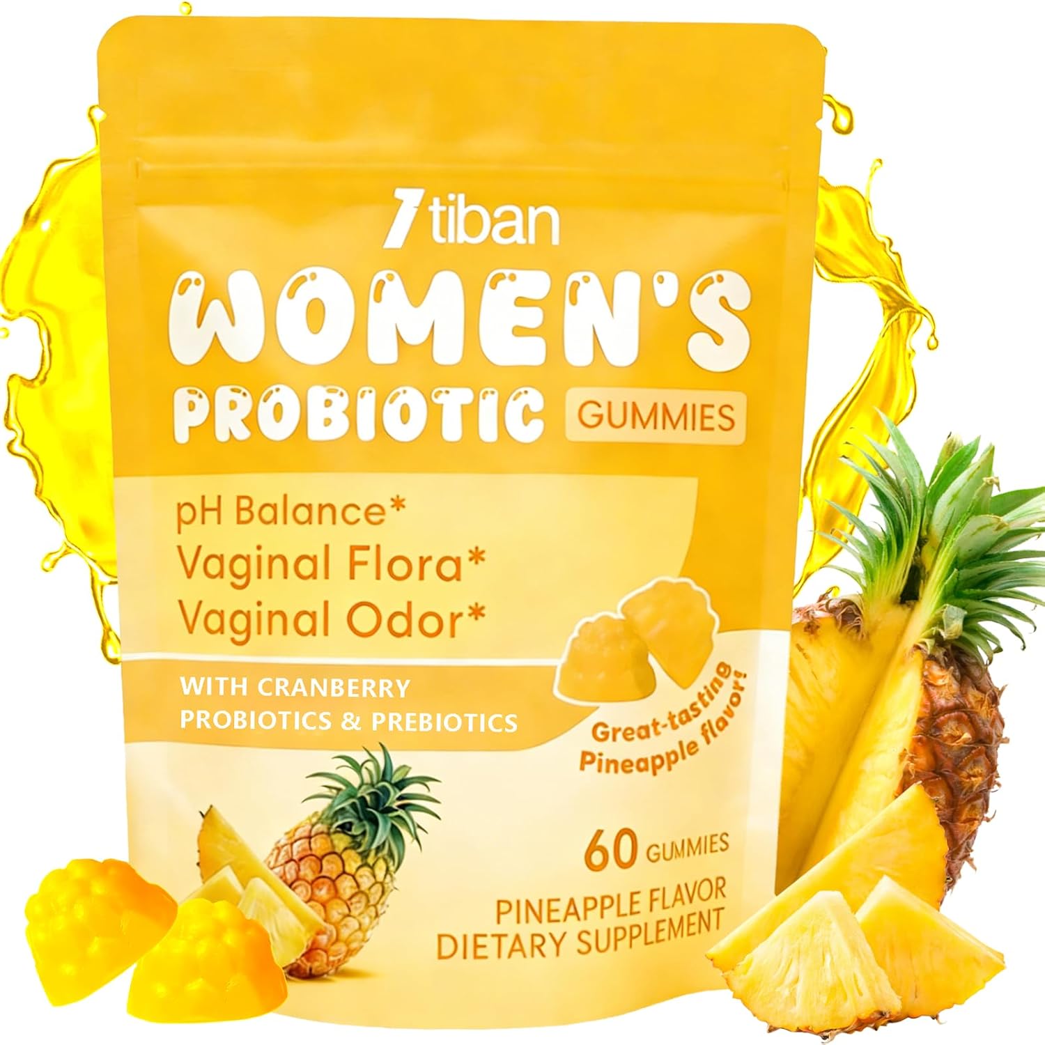 Vaginal Probiotics Gummies for Women, Premium Feminine pH Balance Gummies, Healthy Odor, Yeast Balance & Flora + Vitamin C for Immune Support -Pineapple Flavor, 60ct