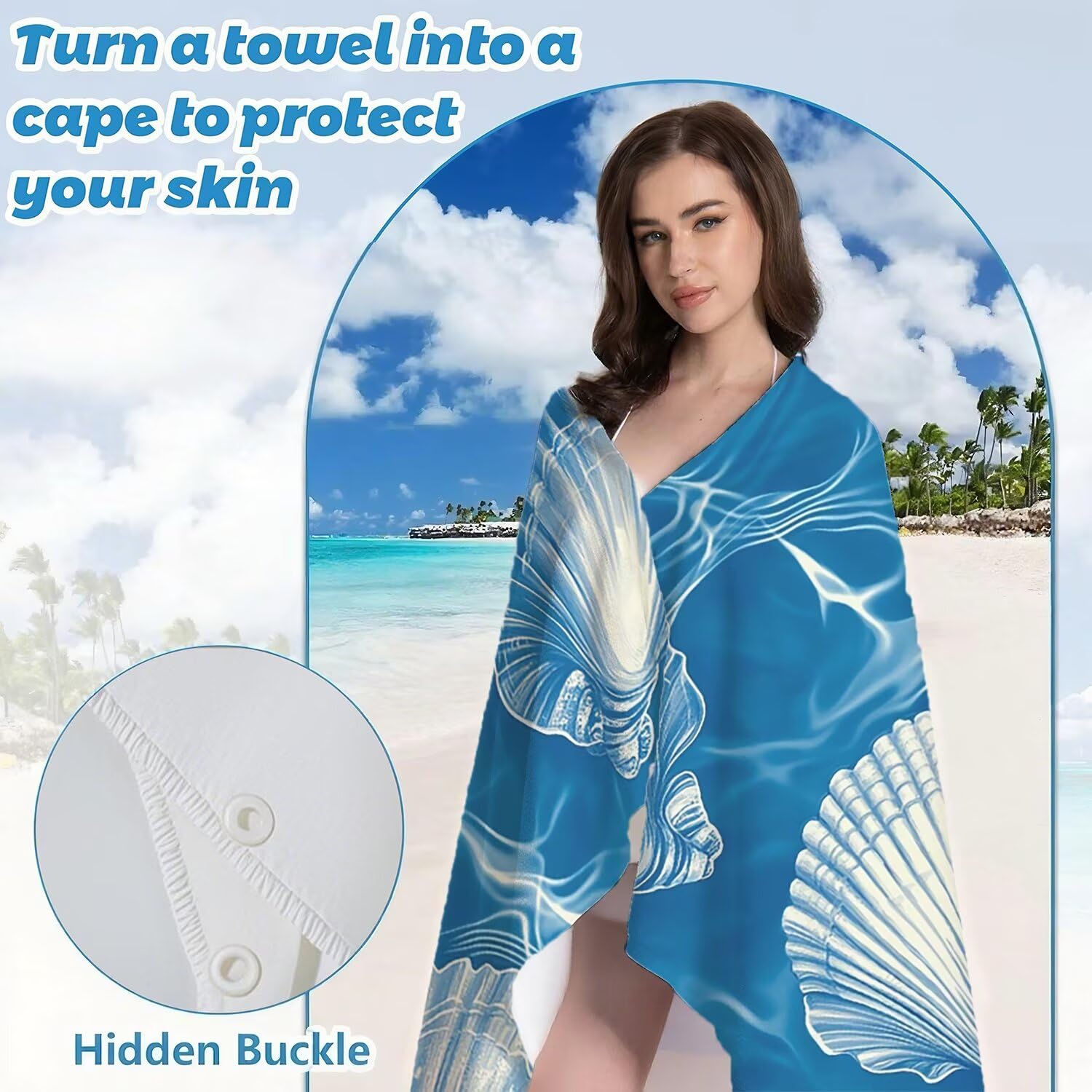 Toalla Playa Microfibra 150x200 Caparazón Diseño Absorbente Sin Arena Toalla Playa, con Cuerda Elástica, Ligero, Hombre, Mujer Ideal Toallas de Baño, Aplicable Gimnasio,Viajes, Natación, Azul p-428