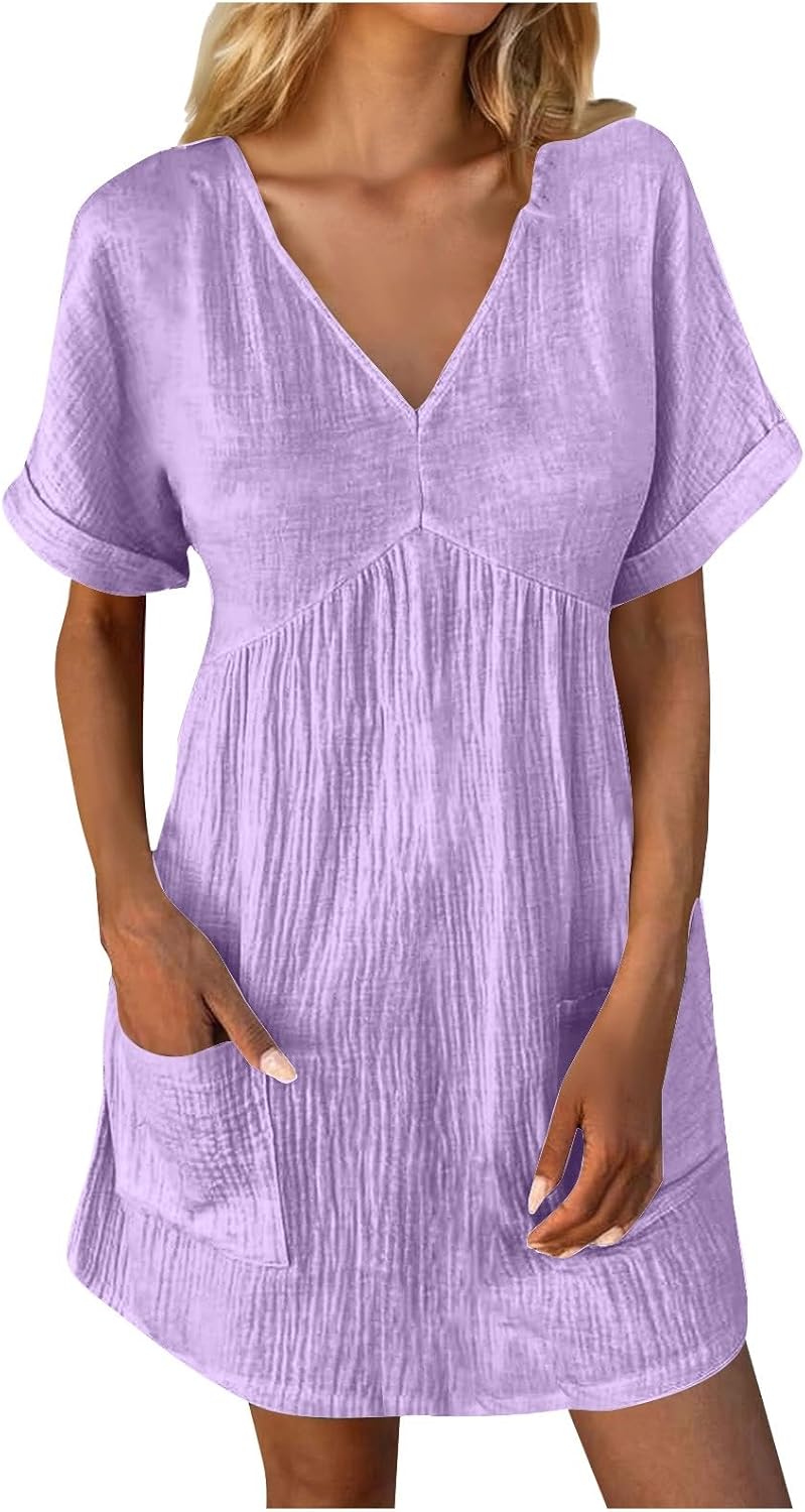 Summer Linen Dresses for Women 2024 Casual v Neck Kuwait Ubuy - Main Image