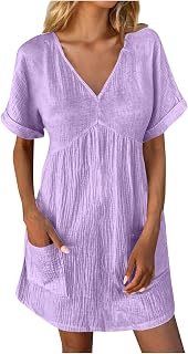 Summer Linen Dresses for Women 2024 Casual v Neck Knee Length Sundresses with Sleeve Comfy Summer Vacation Dresses