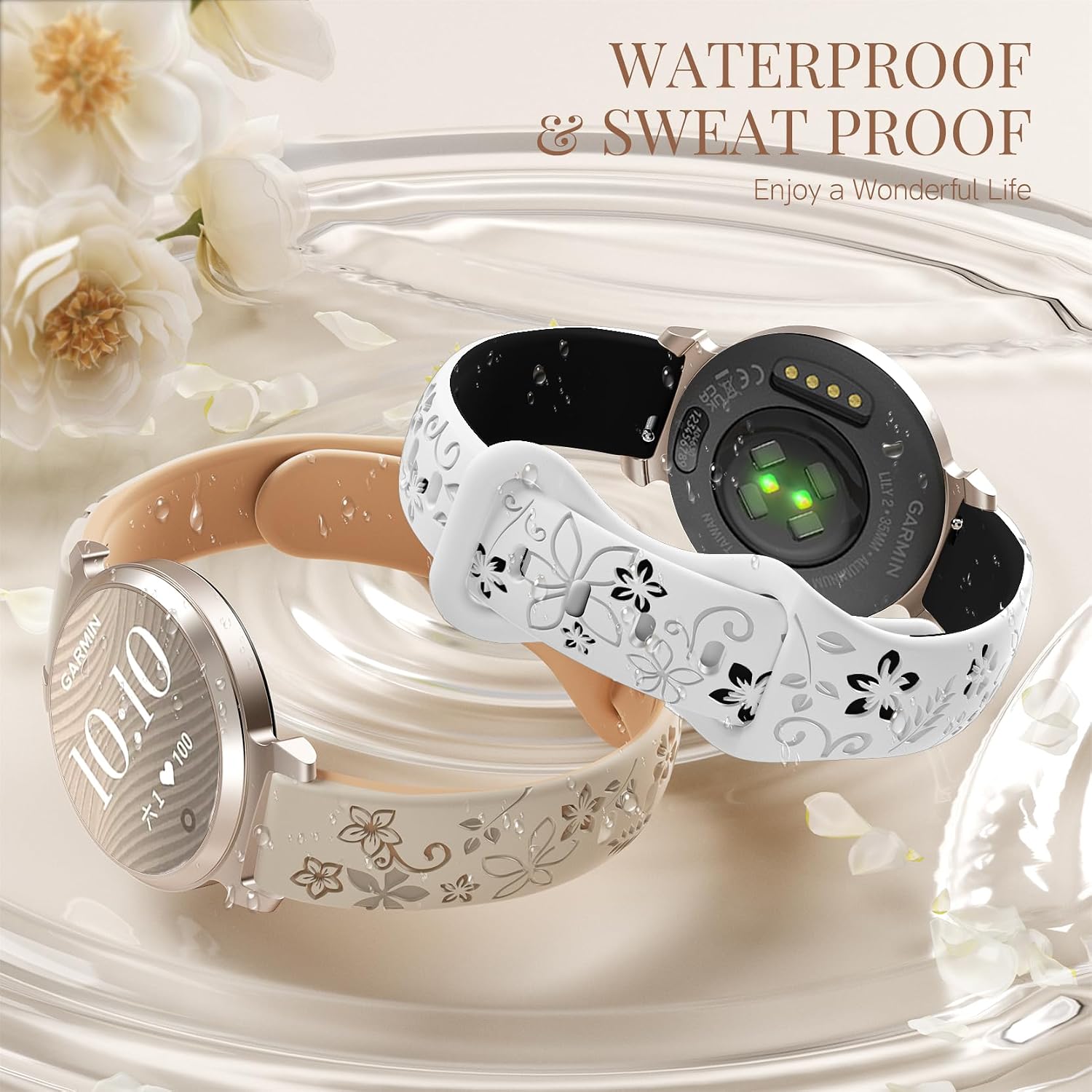 Floral Band Compatible with Garmin Lily 2, 14mm Soft Silicone Cute Women Two-Tone Flower Sport Strap Quick Release Replacement Adjustable Wristband for Lily 2 Active/2 Classic Smart Watch Accessory image 5