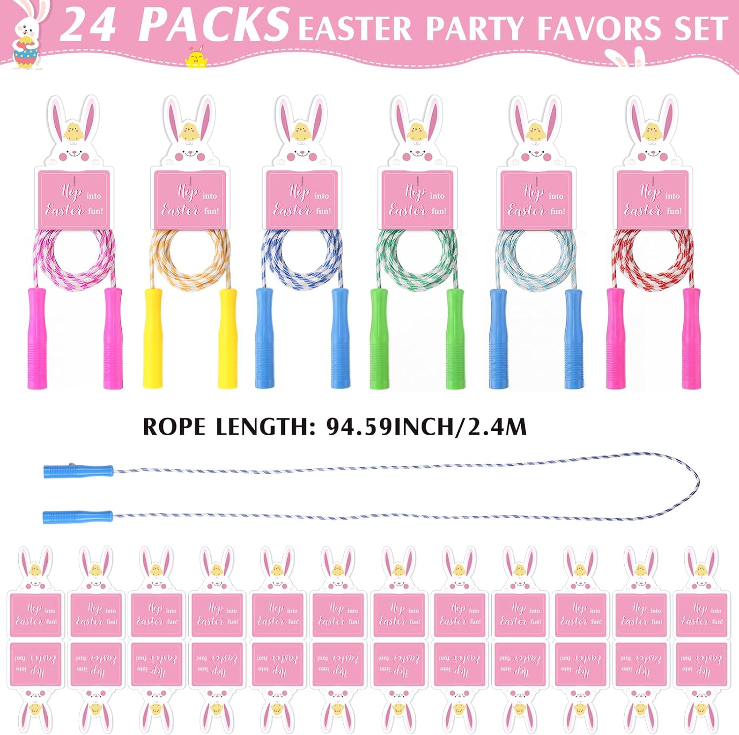 24 Set Easter Basket Stuffers, Jump Ropes with Bunny Gift Cards, Easter Party Favors Colorful Durable Nylon Skipping Ropes for Party Gifts Egg Hunt Game Rewards Spring Outdoor Play