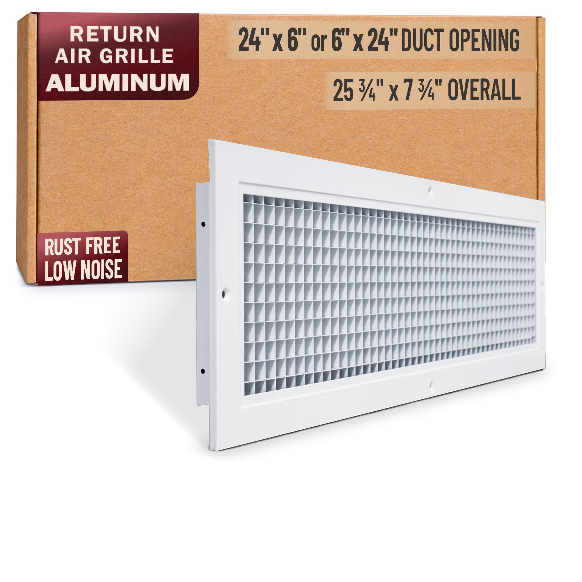 Rejilla de aire de retorno de aluminio de 24 x 6 pulgadas [tamaño de apertura del conducto] Rejilla de ventilación para pared lateral y techo, color blanco. Dimensiones exteriores: 25.75 x 7.75
