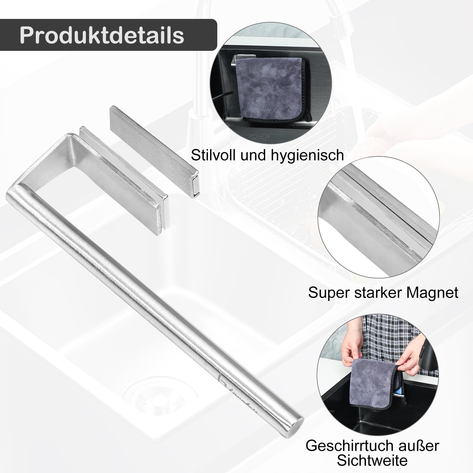 Spültuchhalter für Spülbecken, Organizer Küche, Kitchen Organizer und Aufbewahrung, Geschirrtuchhalter für Spüllappen, Spültuchhalter Edelstahl, Spülbecken Organizer (Silber, Magnetisch)