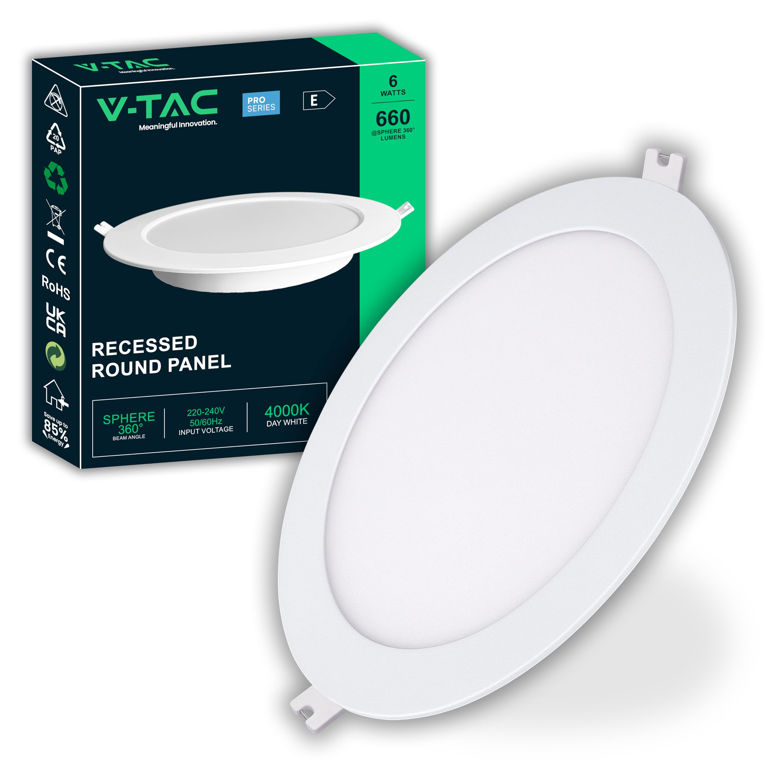 V-TAC 8x Faretti LED da Incasso Rotondo 6W - PRO SERIES - Diametro 120 mm - 660 Lumen - IP20 - per Soffitto, Casa, Cartongesso - Mini Pannello - Lampada - Foro 107-112mm - Luce Fredda 6500K
