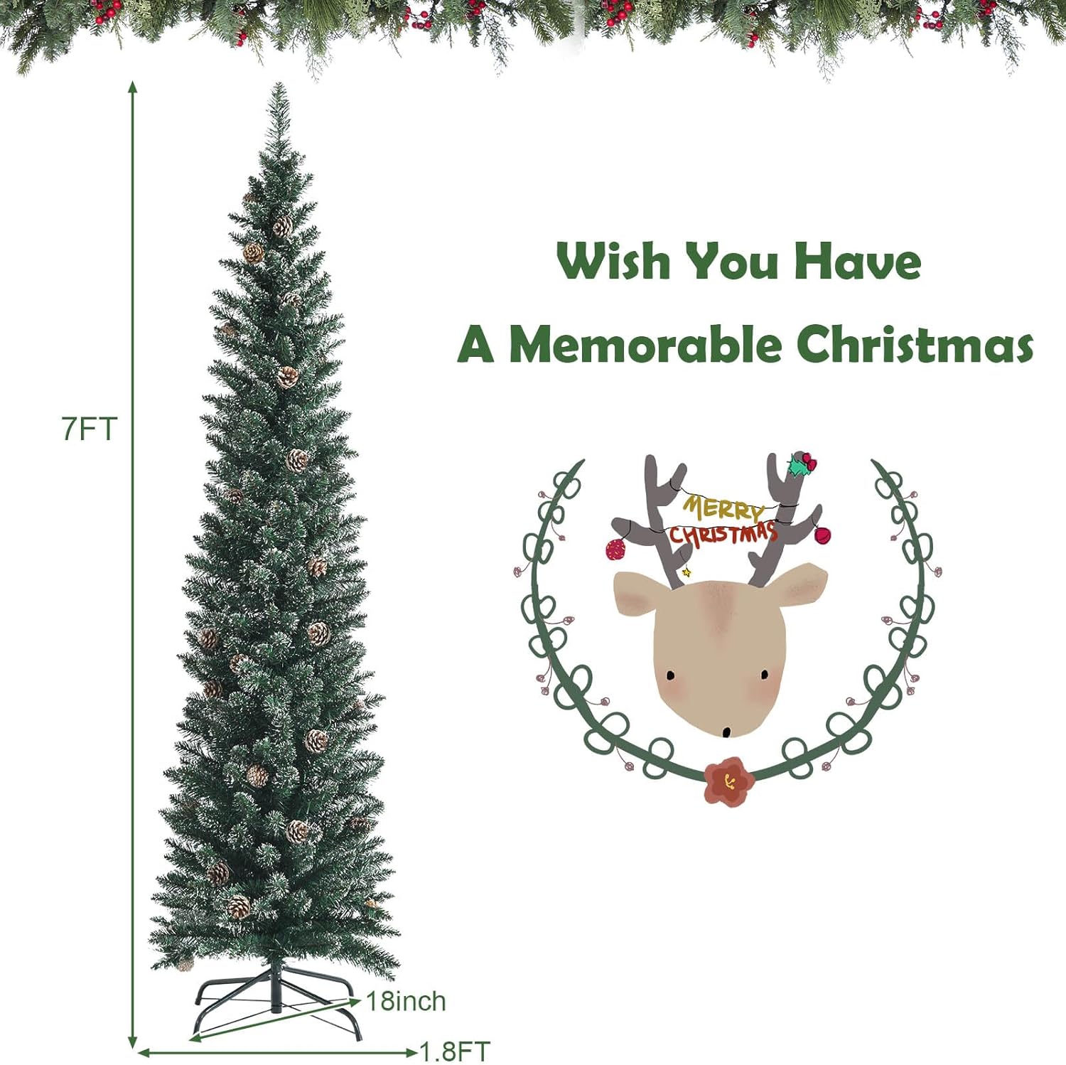 7 FT Flocked Christmas Tree with Foldable Metal Stand, Artificial Christmas Tree w/ 41 Pine Cones & 351 PVC Branch Tips, Slim Pencil Tree for Decoration Indoor Outdoor