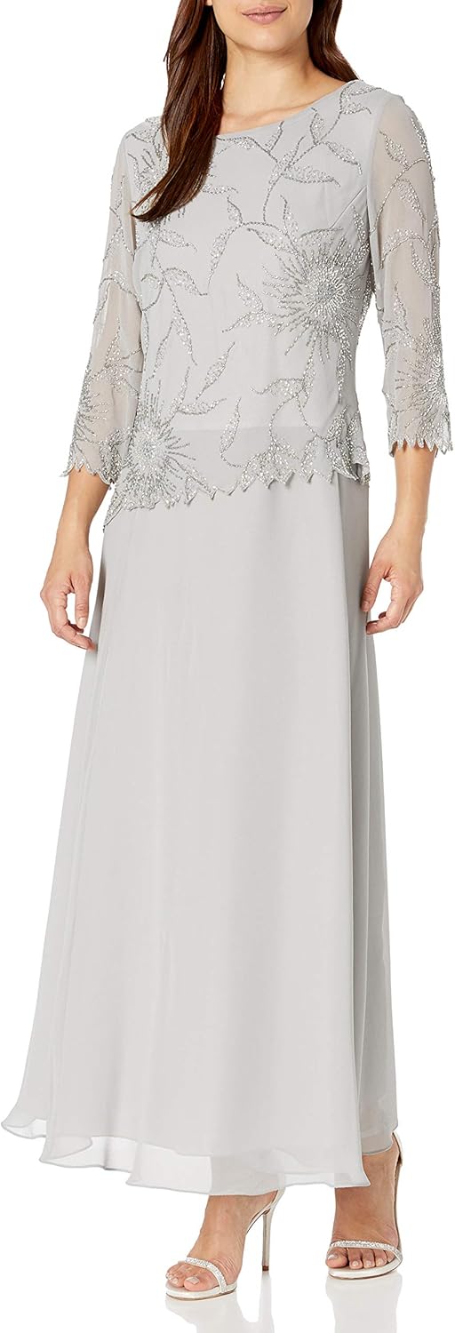 J Kara Womens Women's 3/4 Sleeve Beaded Dress 14 Silver/Multi