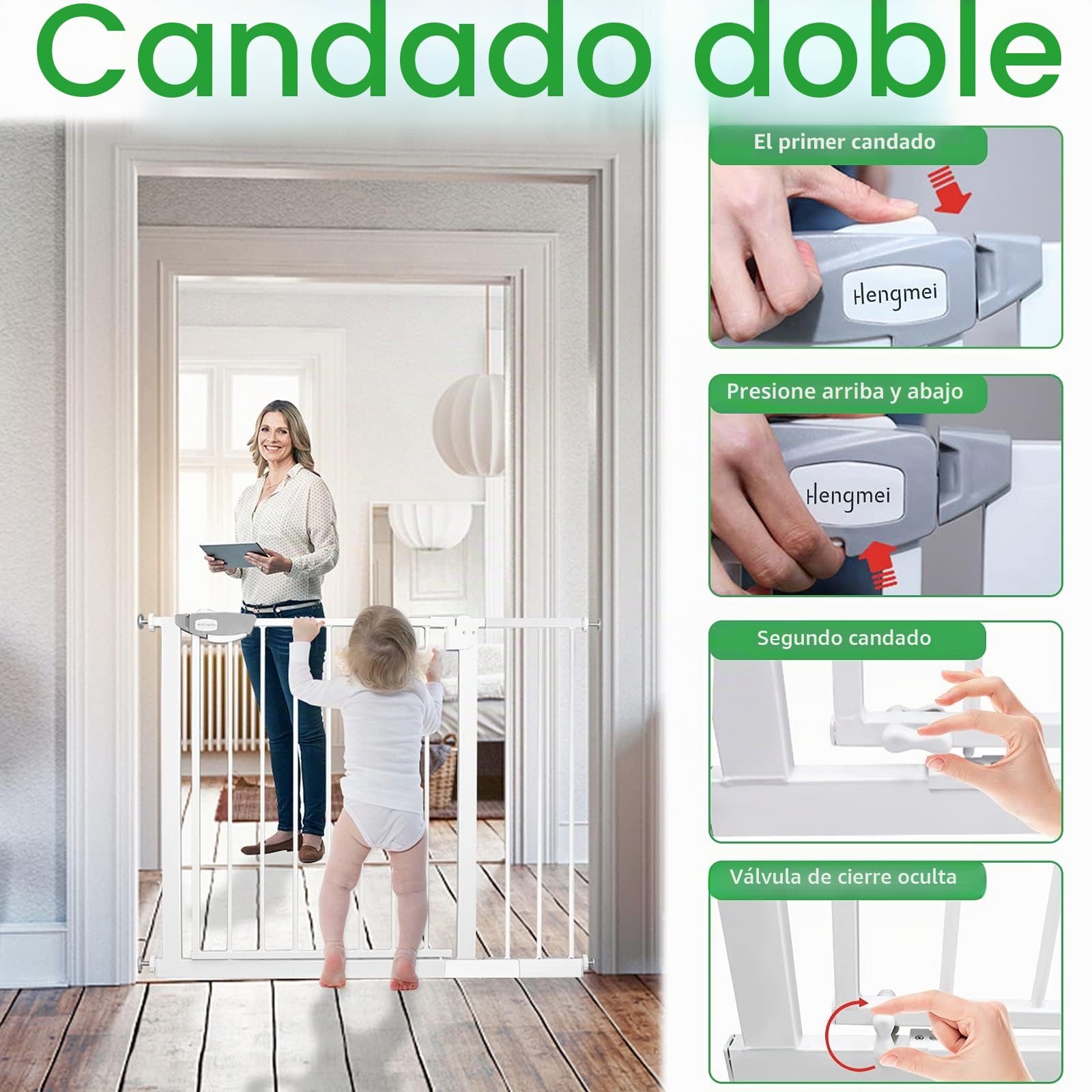 UISEBRT Rejilla de protección para Puertas sin taladrar, Rejilla de protección para escaleras para niños 85 – 95 cm, con Cierre automático para bebé, Rejilla de protección de Metal, Blanco