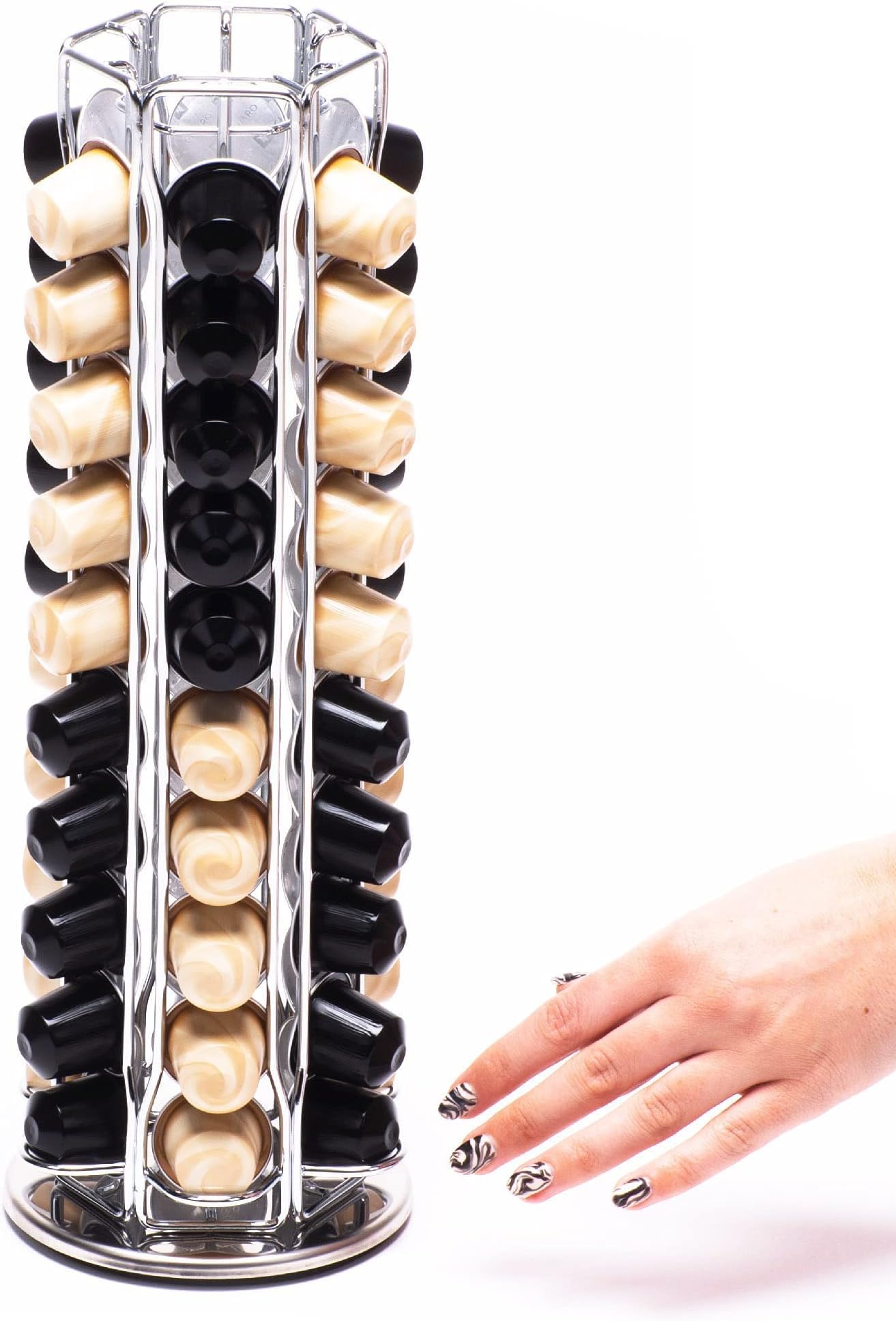 Peak Coffee Capsule Holder Stand for 70 Nespresso Original Line Pods - Revolving Tower Rack Dispenser for Storage & Organisation - Modern Chrome Finish - 360 Degree Revolving