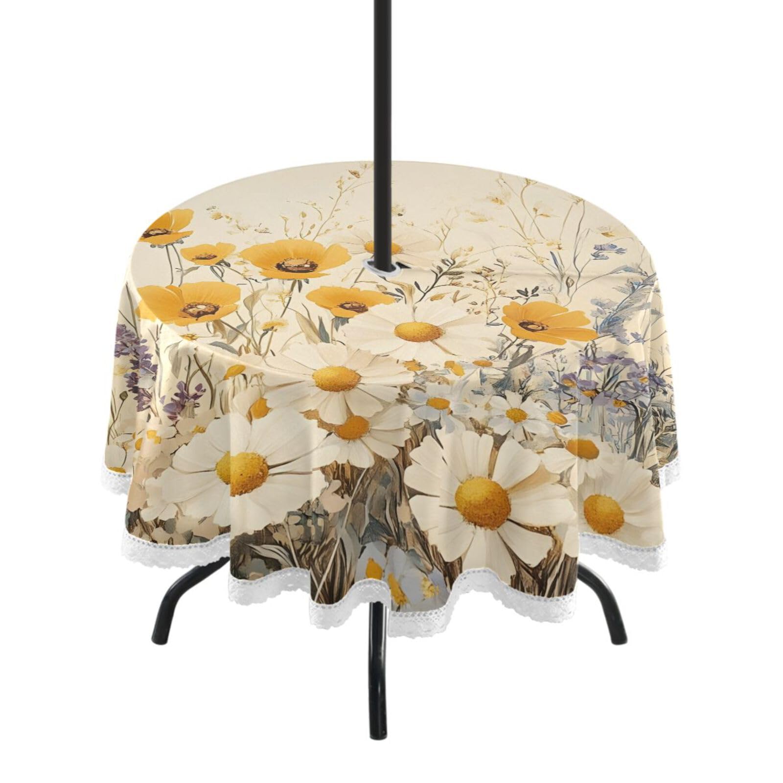 Ttgoth Wildflowers Outdoor Table Cloth 152 cm Water Stain & Resistan Tablecloth Wipeable Table Cover with Parasol Hole & Zipper for Garden Patio Party Picnic