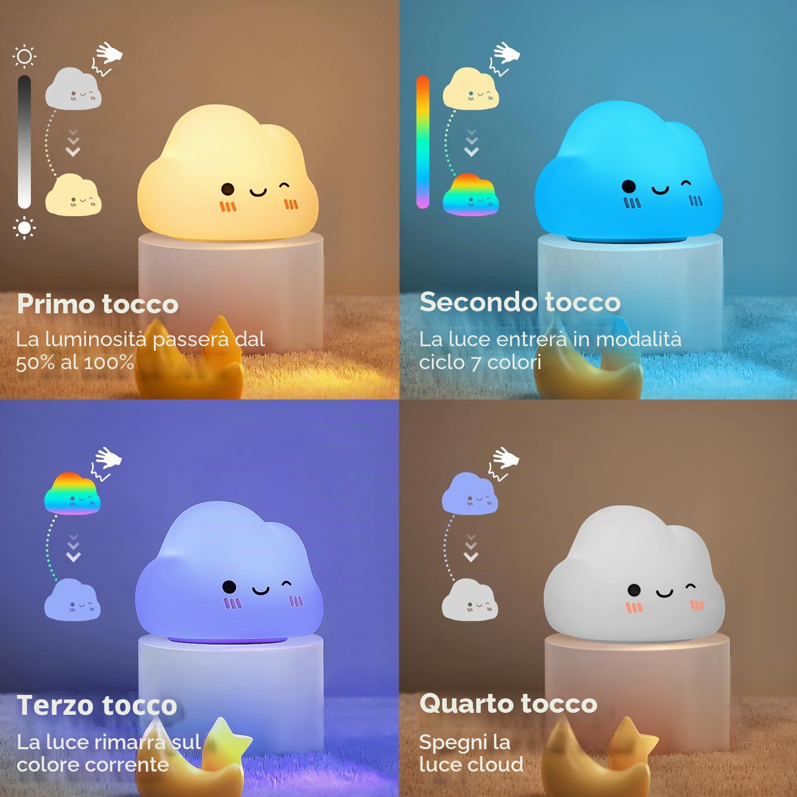 Diboniur Luce Notturna Bambini, Luce Notturna Neonato Ricaricabile, 7 Colori 3 Luminosità, Silicone Lampada Notturna per Bambini, Deco Cameretta Bambina (Nuvole)