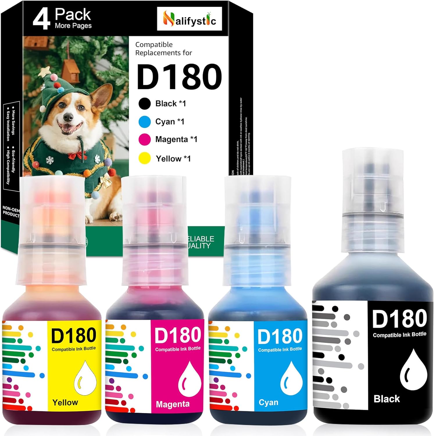 D180 Ink Refill Bottles BK/C/M/Y Compatible Replacements for Brother BTD180 BTD180BK BTD180CLVAL Ink Refill Bottle for DCP-T580DW DCP-T583DW DCP-T780DW Printers, 4-Pack