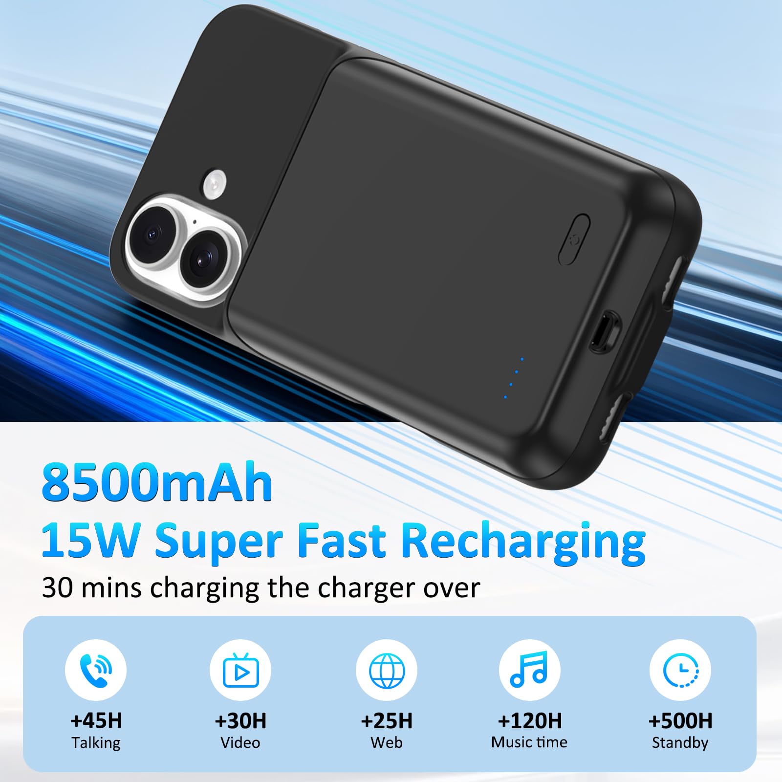 Akkuhülle für iPhone 16(6,1 Zoll), 8500mAh Tragbares Ladegerät iPhone Ultradünn Erweiterter Akku Hülle Telefonladegerät und Schutzhülle mit Ladefunktion für iPhone 16- Schwarz