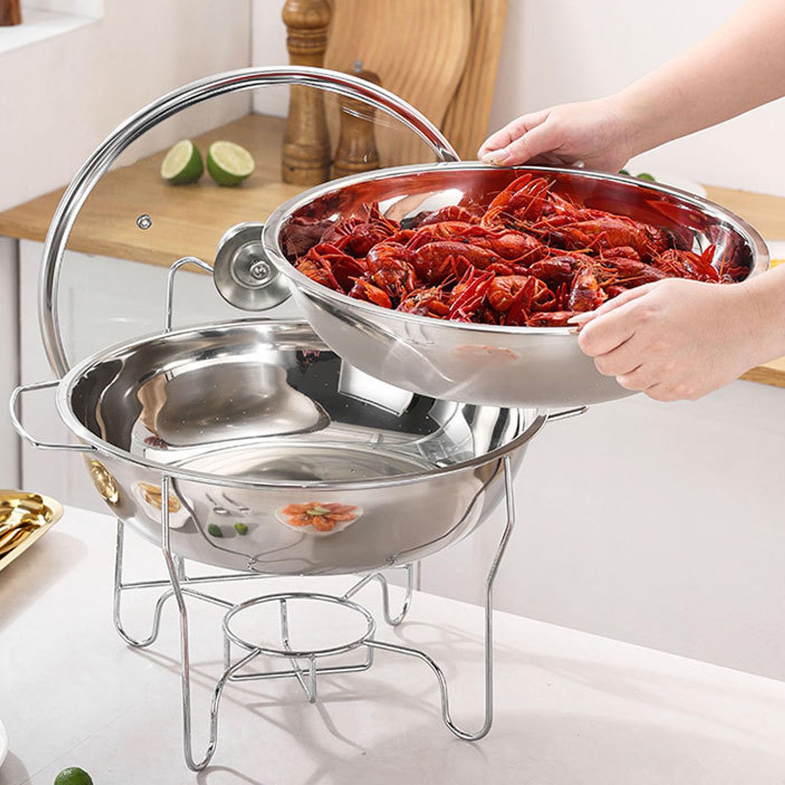 Platos Redondos de Chaficantes, Acero Inoxidable, Acero Buffet, con Tapa de Vidrio y Contenedor de para Hoteles, Restaurantes Eventos Especiales (3.5L)