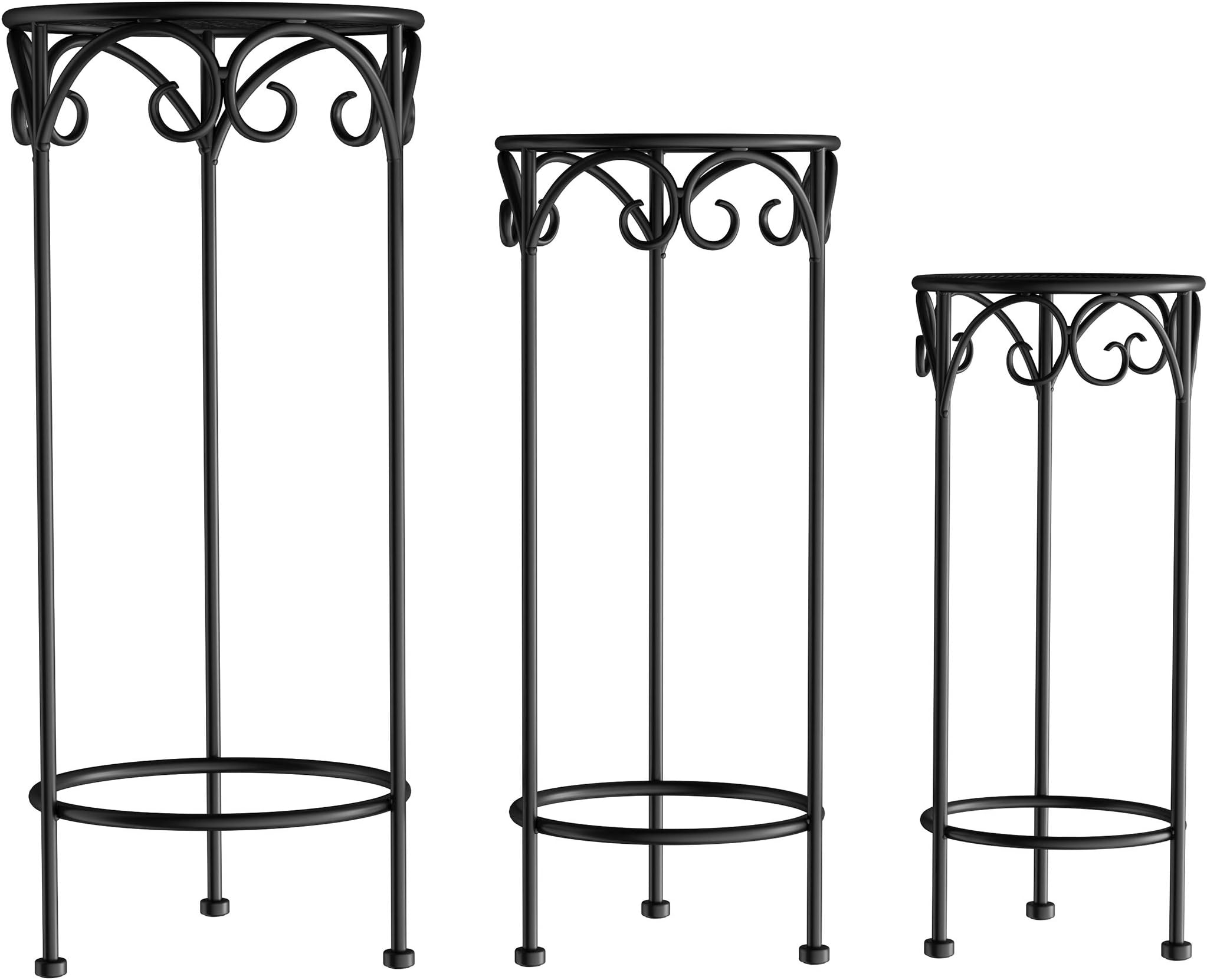 Pure Garden Plant Stands Set of 3 Indoor or Outdoor Nesting Wrought Iron Metal Round Decorative Potted Plant Accent Display Accessories (Black)