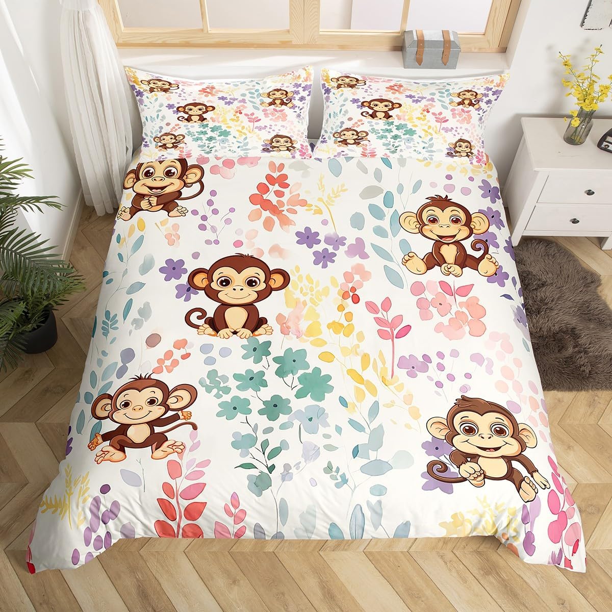 Erosebridal Kawaii Monkey Bedding Set Twin Size,Cartoon Monkey Flower Duvet Cover for Kids Girls Boys,Watercolor Floral Bed Set Forest Wildlife Animal Duvet Cover with 1 Pillowcase