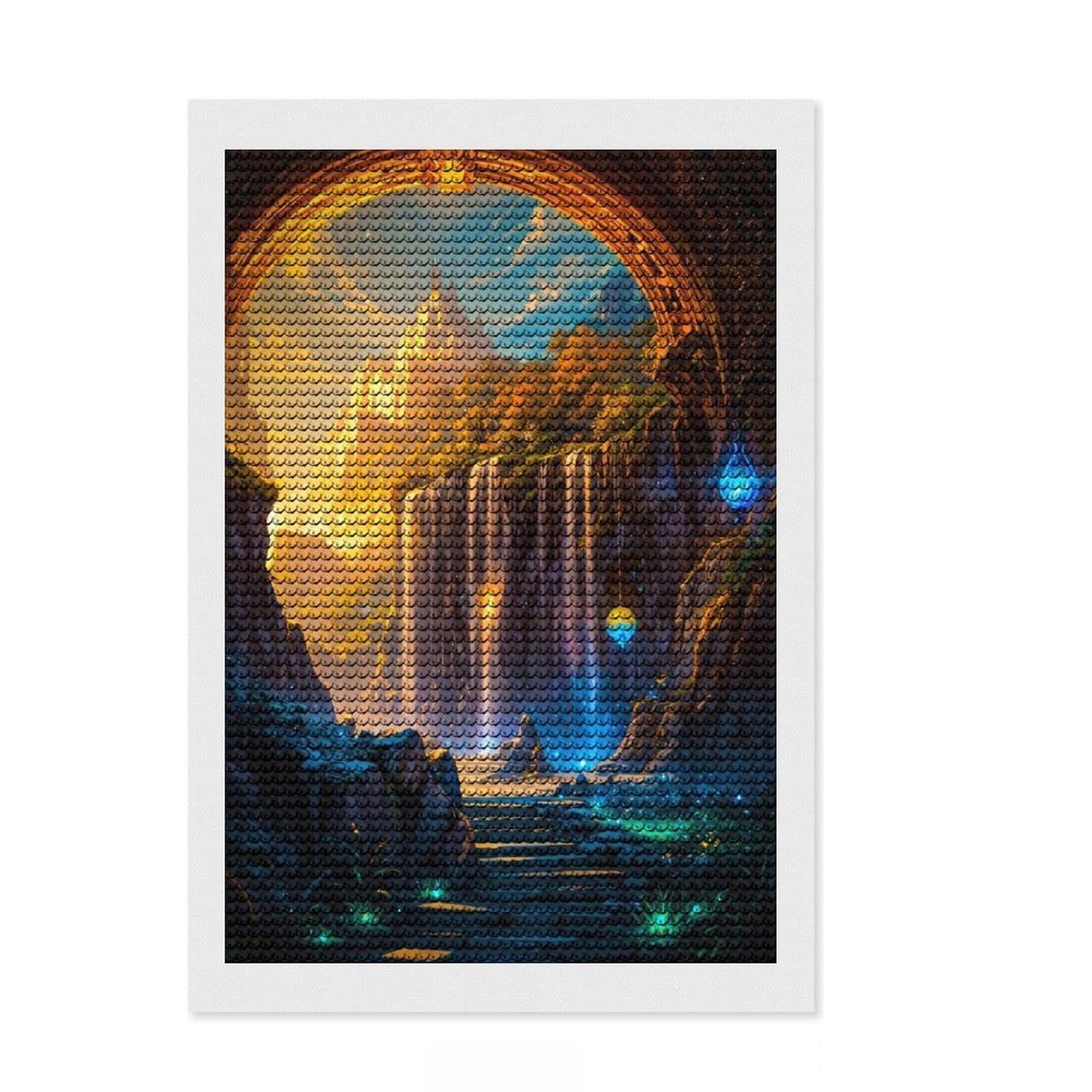 Junmoney Fantasy Cave Nature Sky Diamond Style Art Kit 8"x12", Round Gems, Mindful Craft Project, Thoughtful Present, Aesthetic Room Decor
