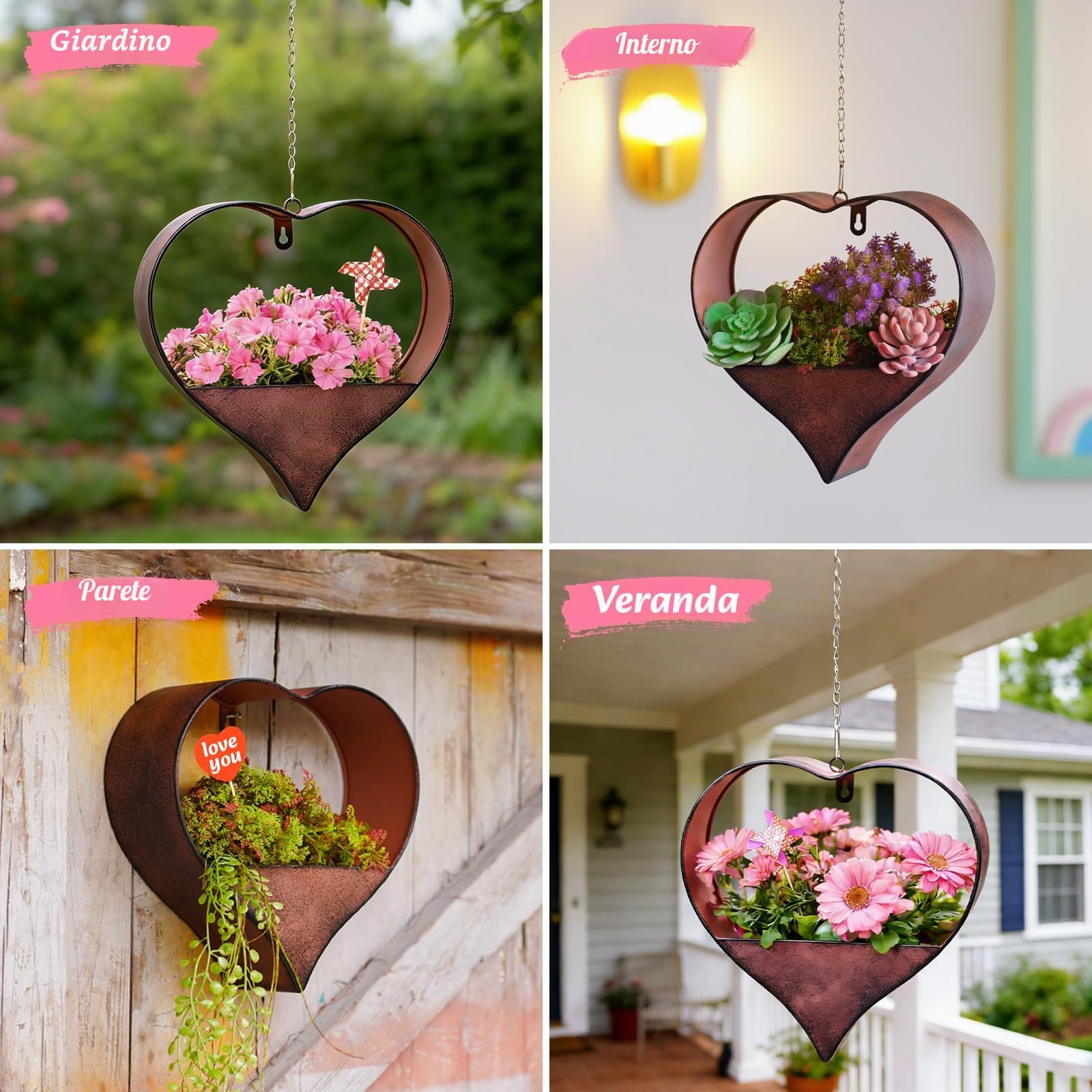 Yeomoo Vaso da Fiori in Metallo a Forma di Cuore, Decorazione per Giardino e Interni, Vaso da Appendere, Ruggine, 26.5 cm x 1 cm x 27 cm, Per Esterni e Interni