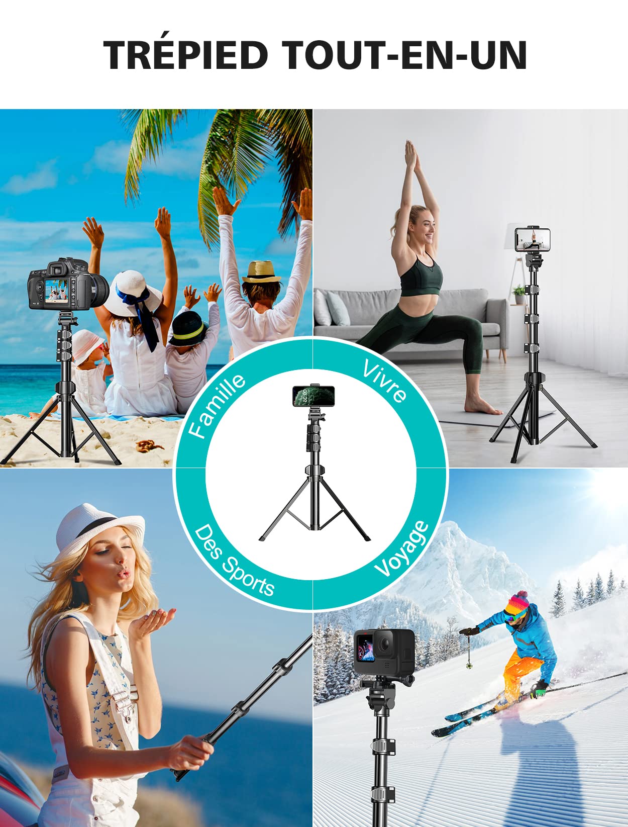 CIRYCASE Trepied Smartphone, 142cm Extensible Perche a Selfie Trepied Aluminium avec Télécommande Bluetooth et Support de Téléphone Universel Compatible avec iPhone, Galaxy, Appareil Photo et Gopro