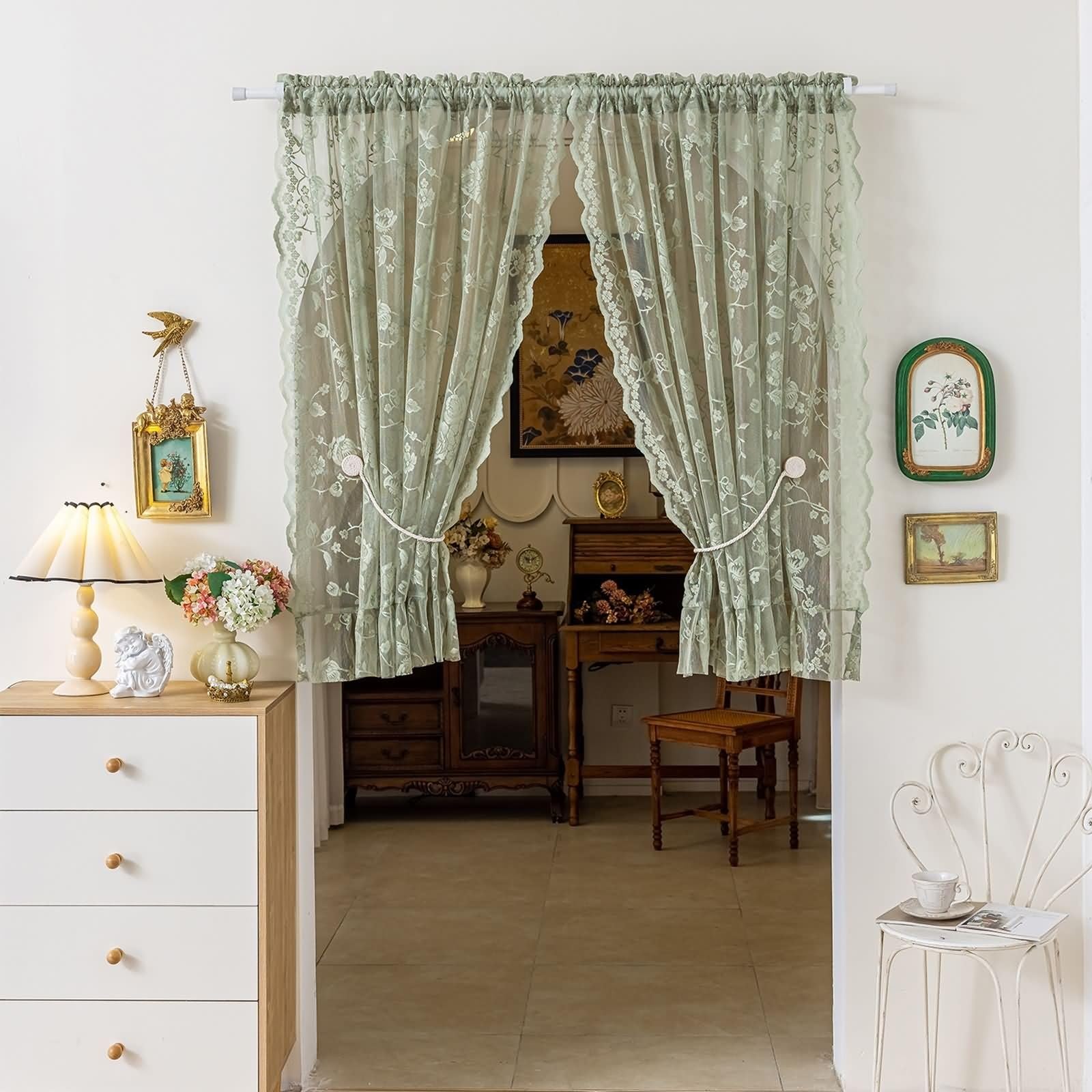 Visillo (2 unidades, jacquard, encaje, bordado, 140 x 200 cm), color verde