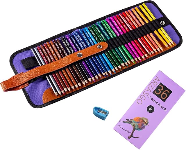 ARZASGO 36 Colouring Pencil Set, Artist Coloured Pencils for Adult Colouring Books, Artist Sketch, Premier Drawing Pencils with Canvas Roll-up Pouch Bag and Pencil Sharpener
