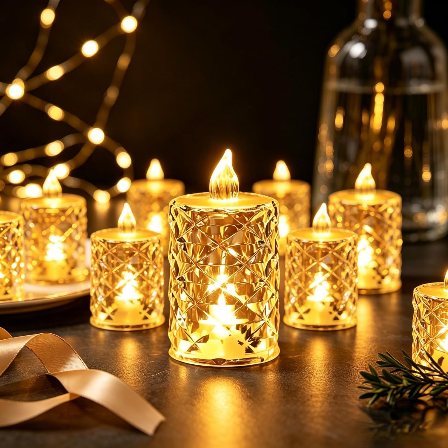 4-12 pcs Realistic and Bright Battery Operated Flameless LED Tea Lights Candles,Crystal Electric Fake Candles for Halloween Valentine's Day Weddings Christmas Party Festivals Decoration in Warm Yellow