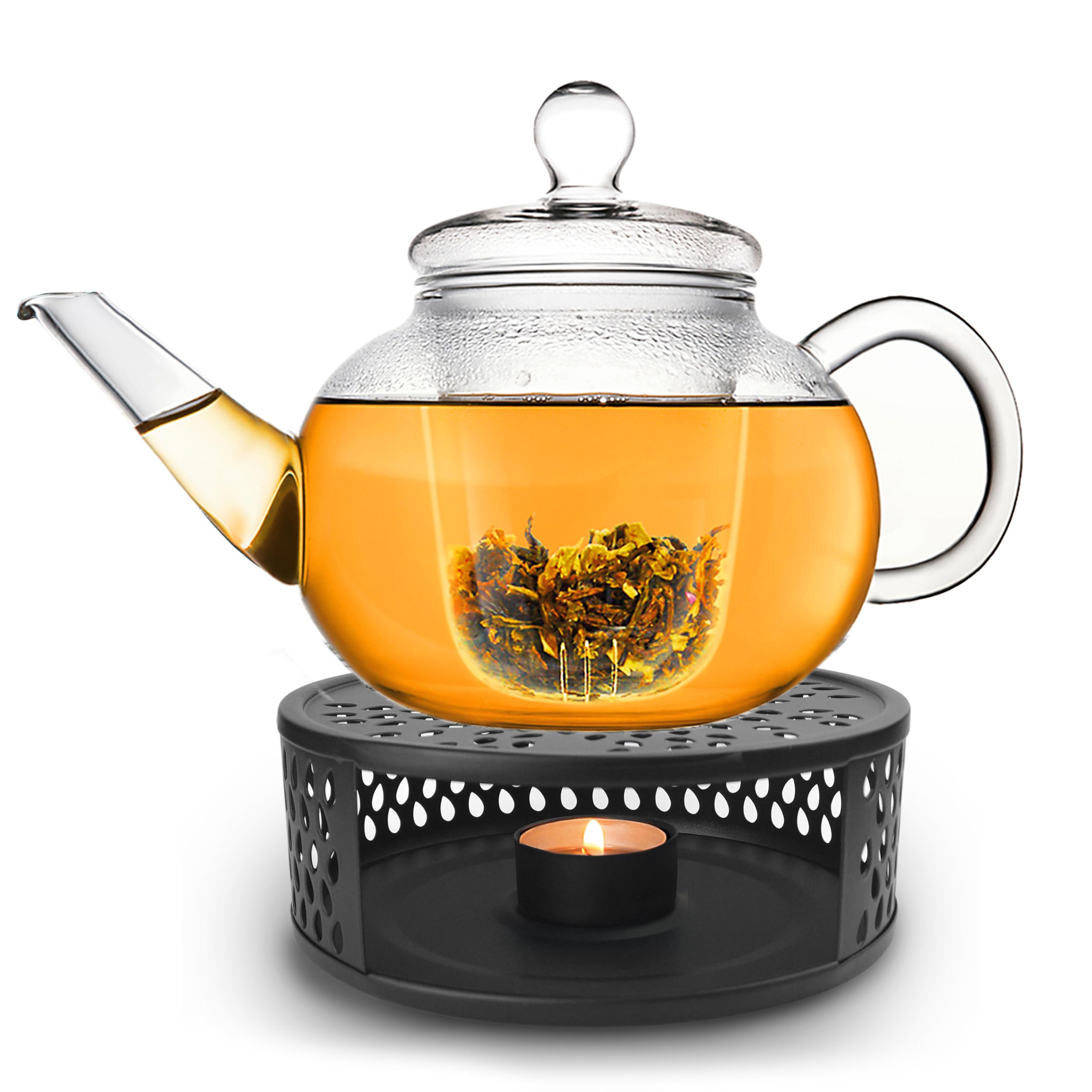 Creano Tetera de Vidrio „Plana“ 1,2L con Filtro de Vidrio y Calentador „Leaf“ Negro – Infusión Pura sin Sabor Metálico