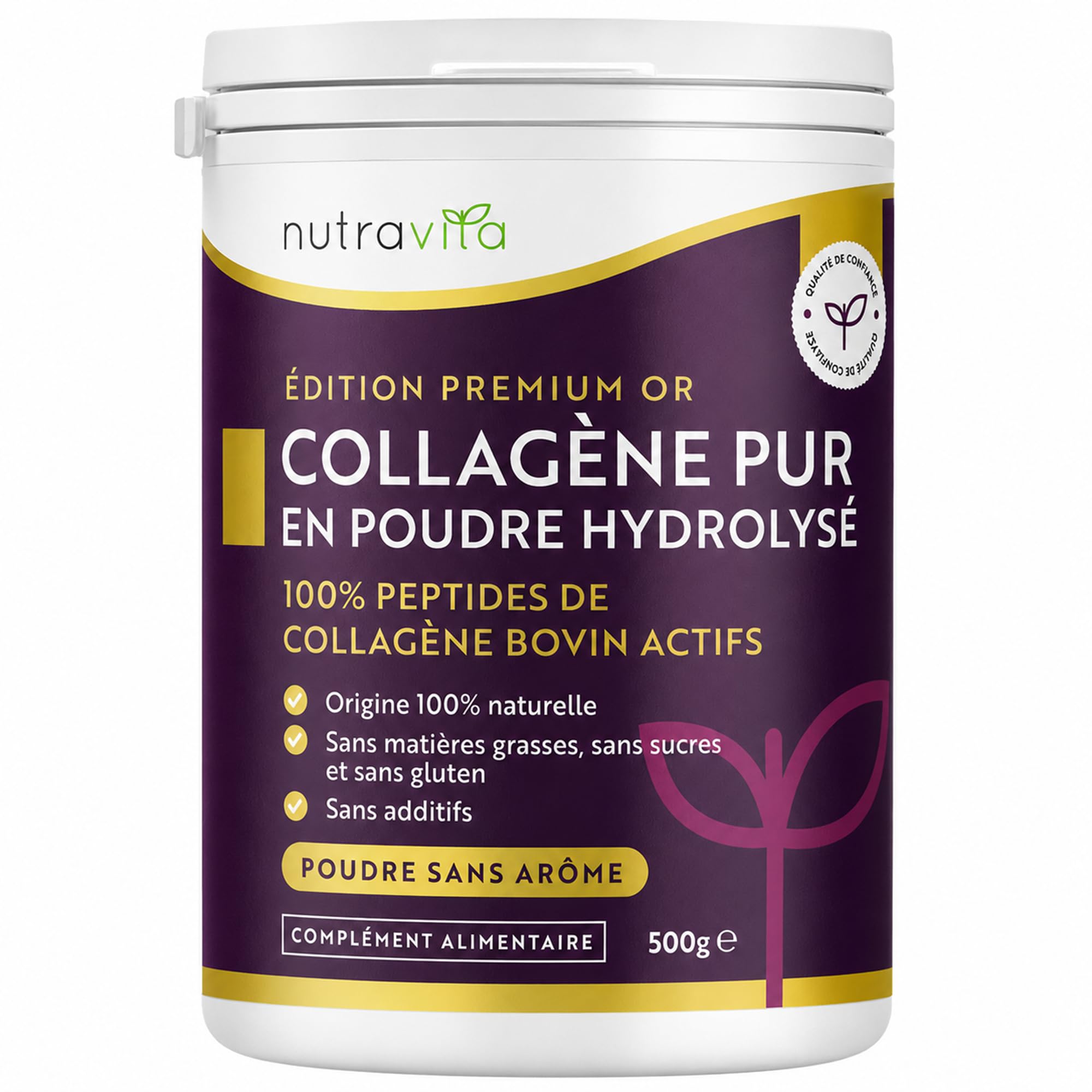 Nutravita Poudre de Collagene 500g - 100% Premium Peptides de Collagène Hydrolysés Pur, Type 1-50 Portions, Goût Neutre - Peptide de Collagen Hydrolysat - Collagene Bovin à Boir - 8 Acides Aminés
