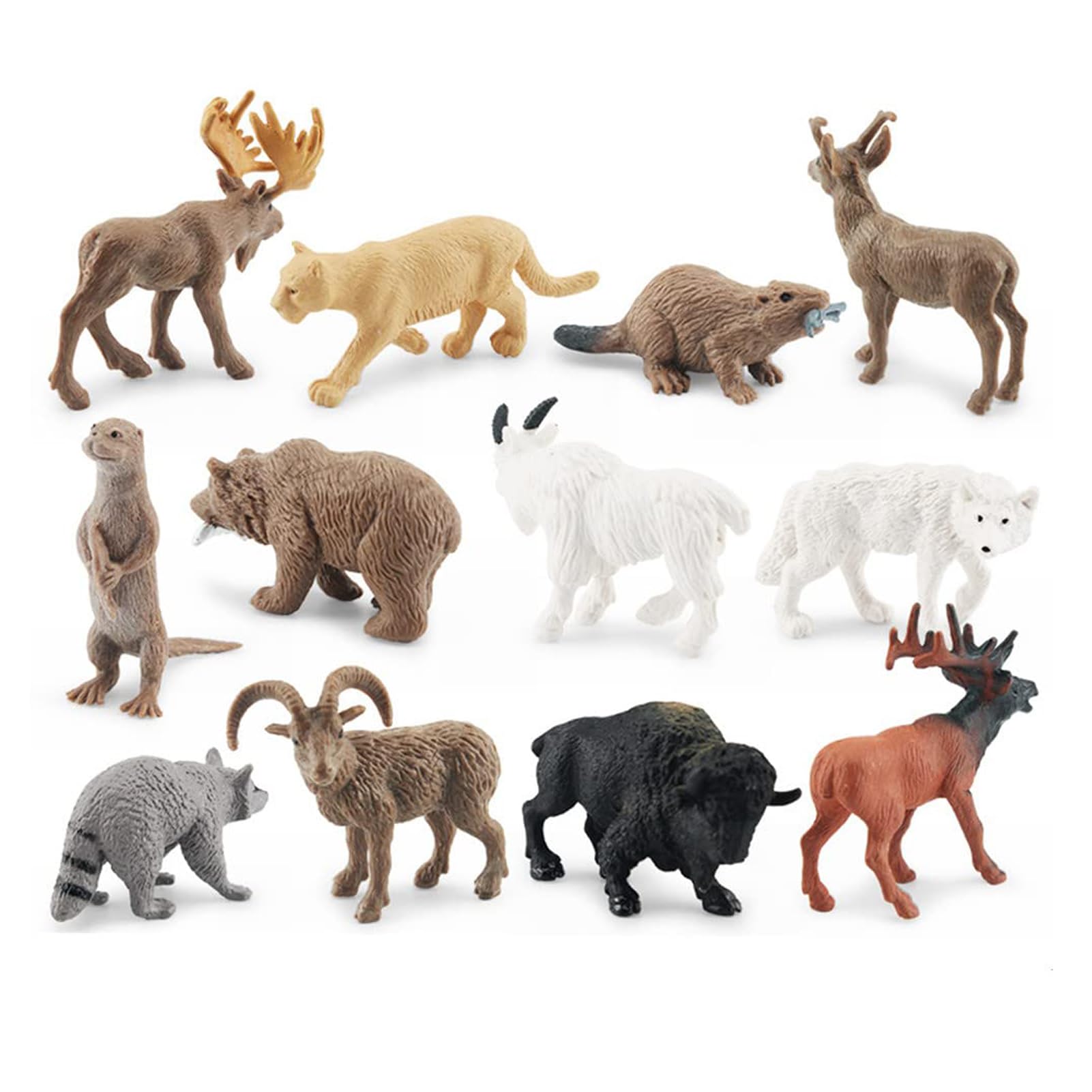 KASTWAVESafari Animals Figures, 12 Pcs Mini Wild Animals Figurines, North American Animals Set, for Cake Cupcake ToppersKids Toddler Party Supplies (Moose, Raccoon, Cougar, Wolf, Beaver ect.)