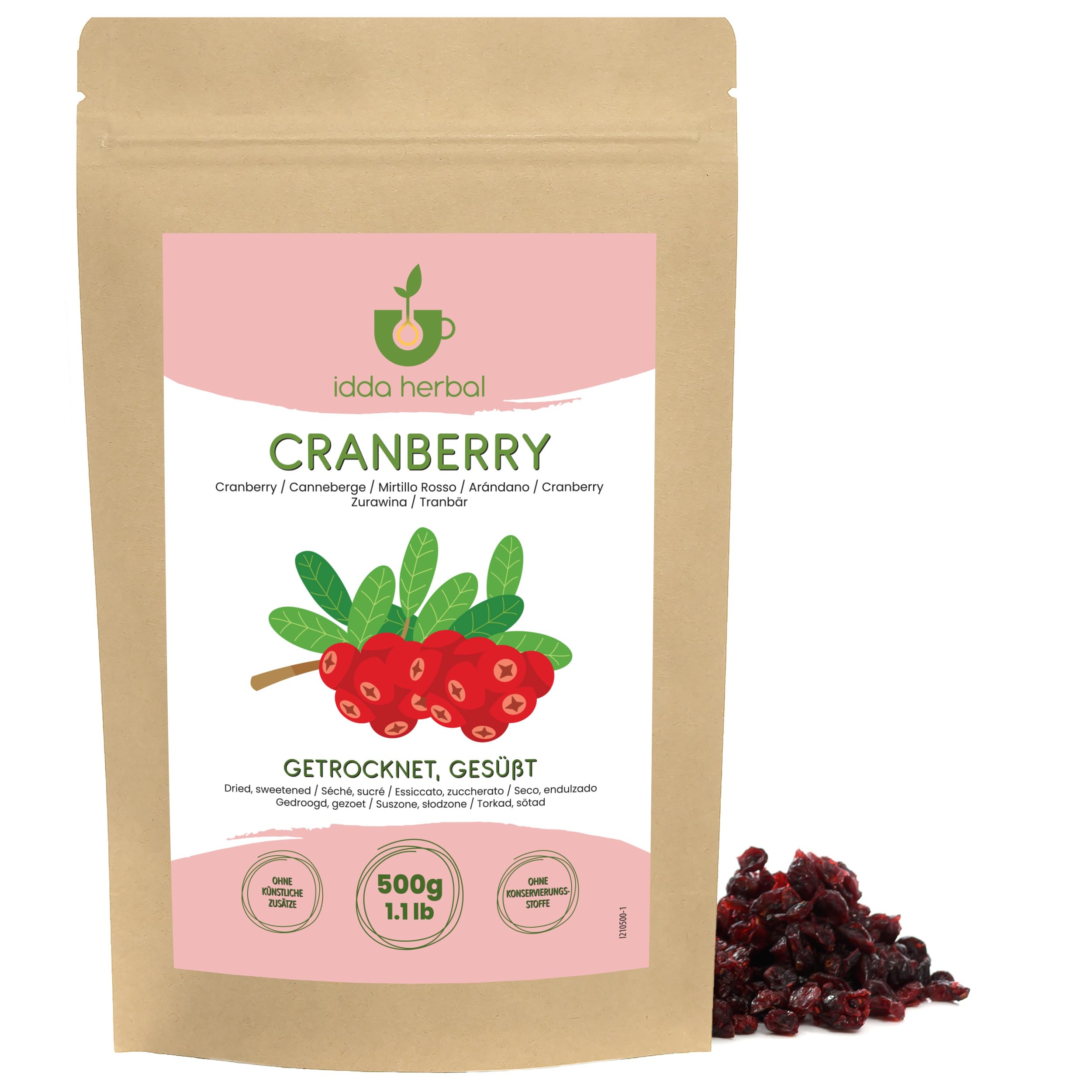 IDDA Herbal Suszona Żurawina 500g, Całe Suszone Owoce Żurawiny, Słodzone Sokiem Jabłkowym