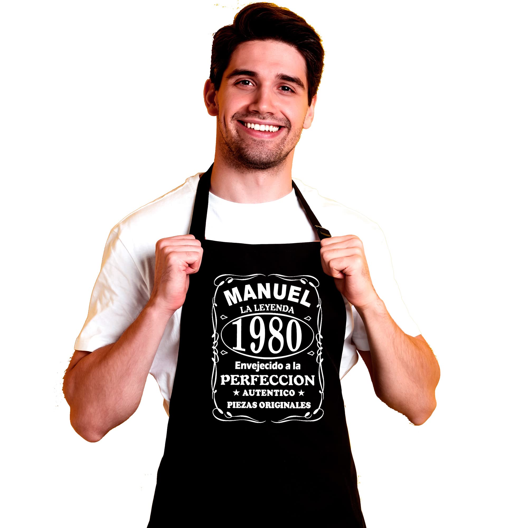 EBRATEX Personalised Black Man Kitchen Apron | Personalised with His Birth Year and Name | Original and Funny Gift for Friends or Family, Ideal BBQ Accessories, Black/White, One size