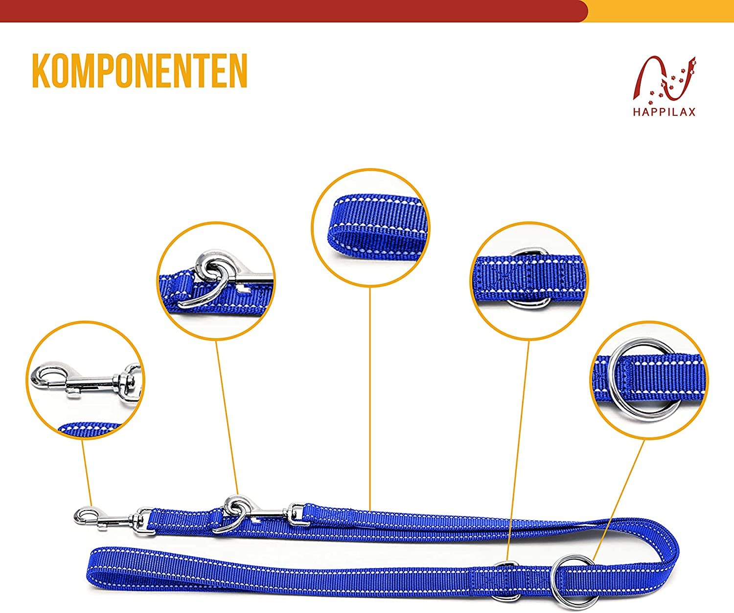 Happilax Guinzaglio per cani regolabile, 2 m, riflettente, regolabile in 3 posizioni, doppio guinzaglio, adatto come guinzaglio per cani di taglia grande per cani di o piccola taglia (Blue)