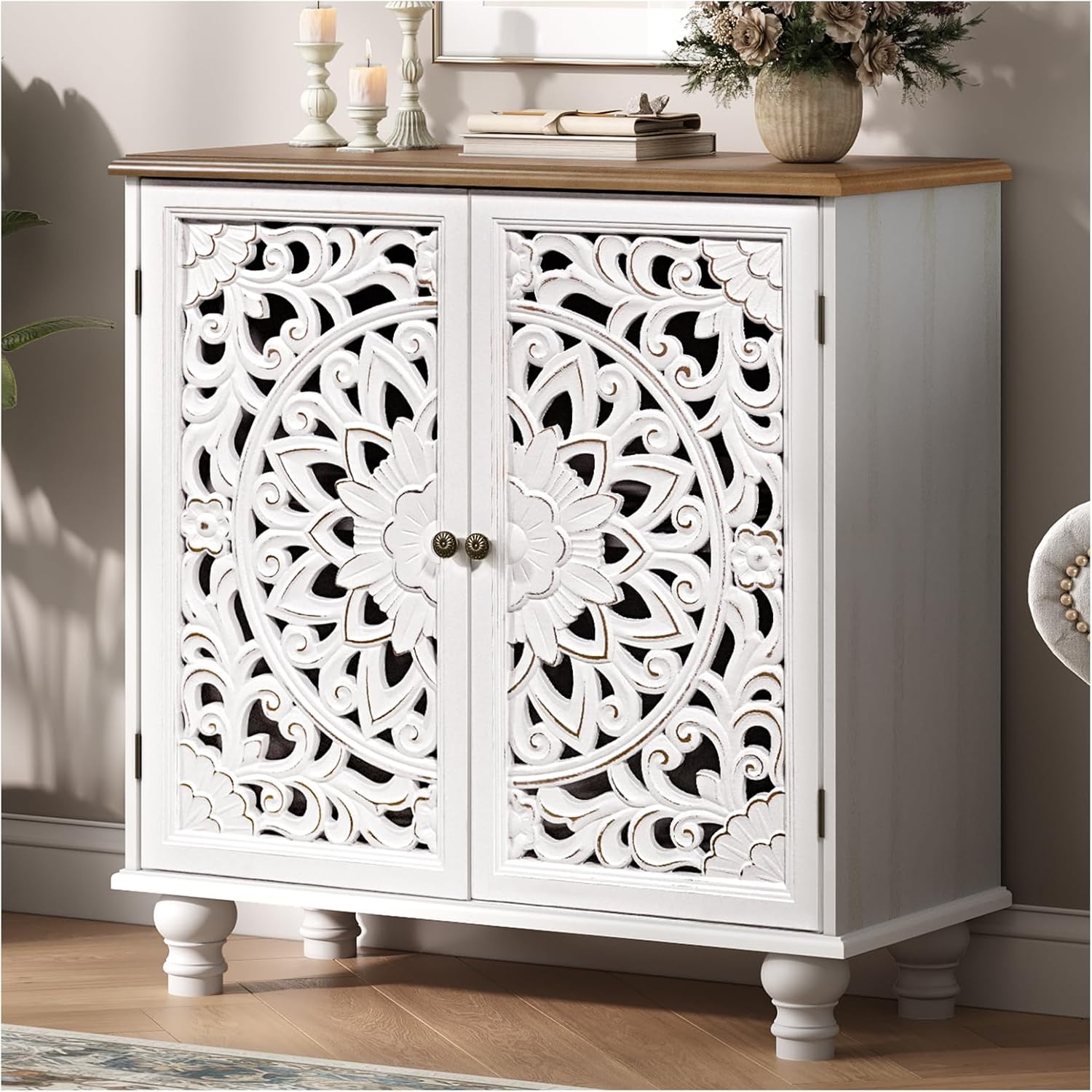 JOINICE White Accent Cabinet with Walnut Finish Top, 31" Farmhouse Storage Cabinet with Carved Doors for Living Room, Sideboard Buffet for Dining Room, Solid Wood Legs