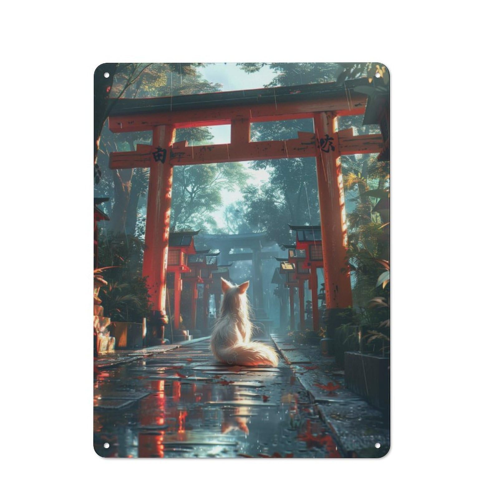 Classic Kitchen Metal Sign 40x30cm Featuring Mystic Kitsune Fox Torii, Cafe Wall Decor for Restaurant, Kitchen, Counter Or Breakfast Nook