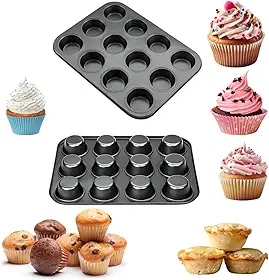 Forma para Assar Cupcake Antiaderente com 12 Cavidades em Aço Carbono | Resistente ao Calor até 230°C | Ideal para Muffins, Bolinhos e Mini Tortas