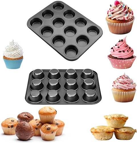 Forma para Assar Cupcake Antiaderente com 12 Cavidades em Aço Carbono | Resistente ao Calor até 230°C | Ideal para Muffins, Bolinhos e Mini Tortas