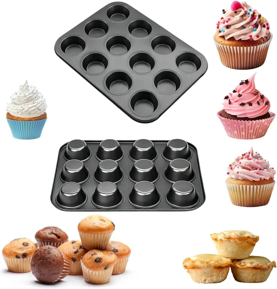 Forma para Assar Cupcake Antiaderente com 12 Cavidades em Aço Carbono | Resistente ao Calor até 230°C | Ideal para Muffins, Bolinhos e Mini Tortas