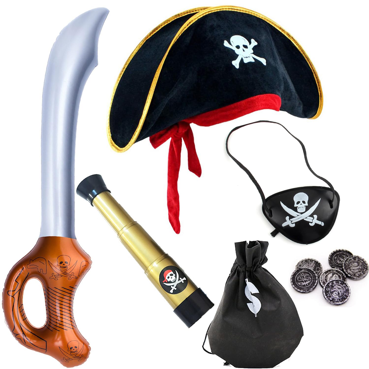 FBDSUFH 5 Piezas Disfraz Pirata Niño, Sombrero Pirata, Accesorios Halloween, Accesorios Pirata Niño Kit, con Sombrero de Pirata, Telescopio, Pirata Espadas, Máscara de Ojos, Bolso, para Halloween