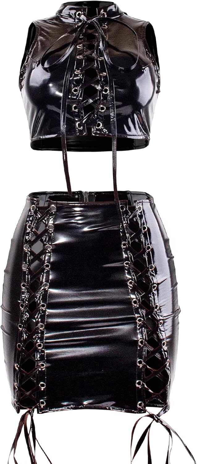 VWIWV Women's Bandage Faux Leather Dress Criss Cross 2 Piece Lace Up Crop Top and Bodycon Mini Skirt Sets Outfits - Image 3