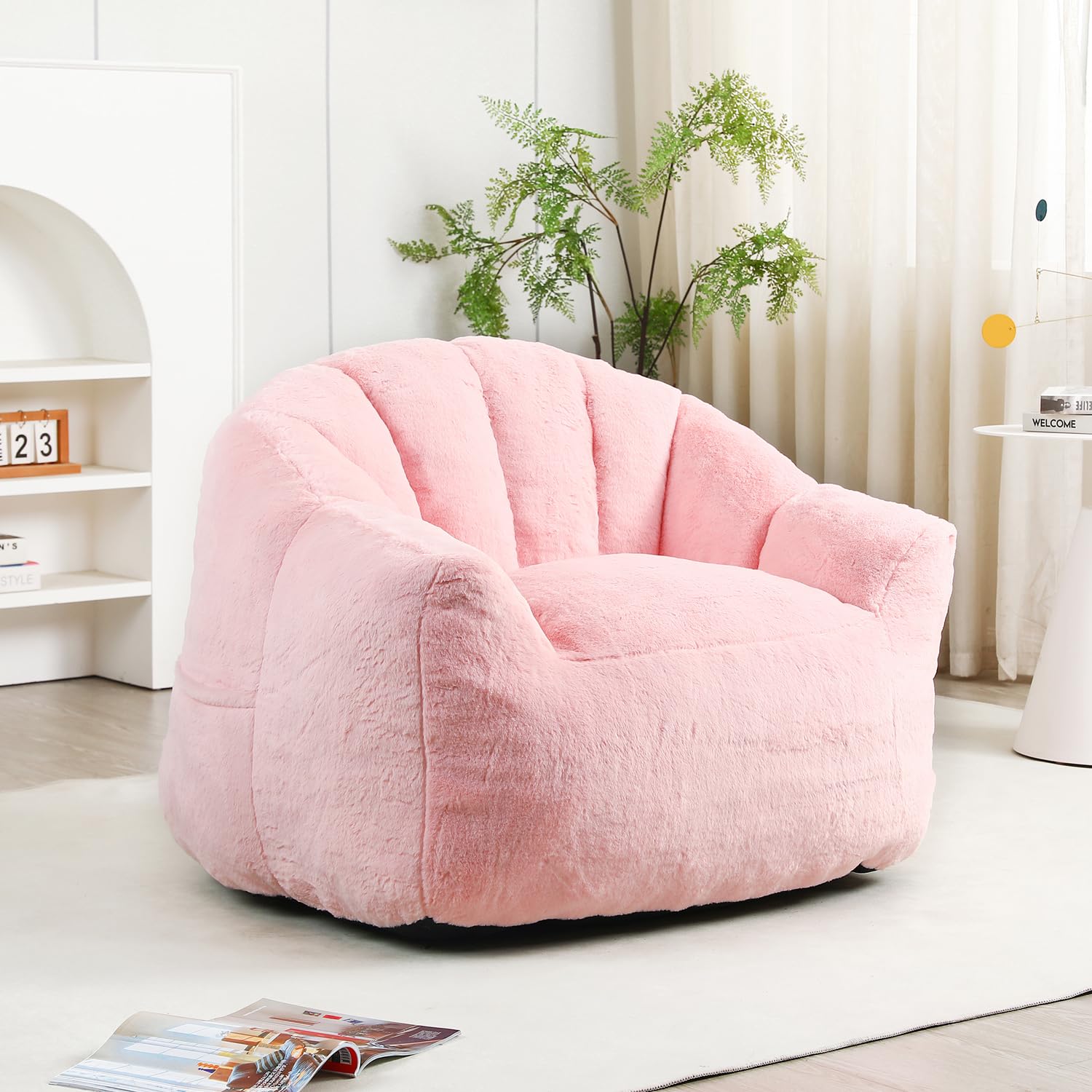 Bean Bag Chair with Arms for Adults - Furry Lazy Sofa, Armrests Stuffed High-Density Foam Filler Chair, Small Cozy Reading in Bedroom Living Room and Dorms (Pink)