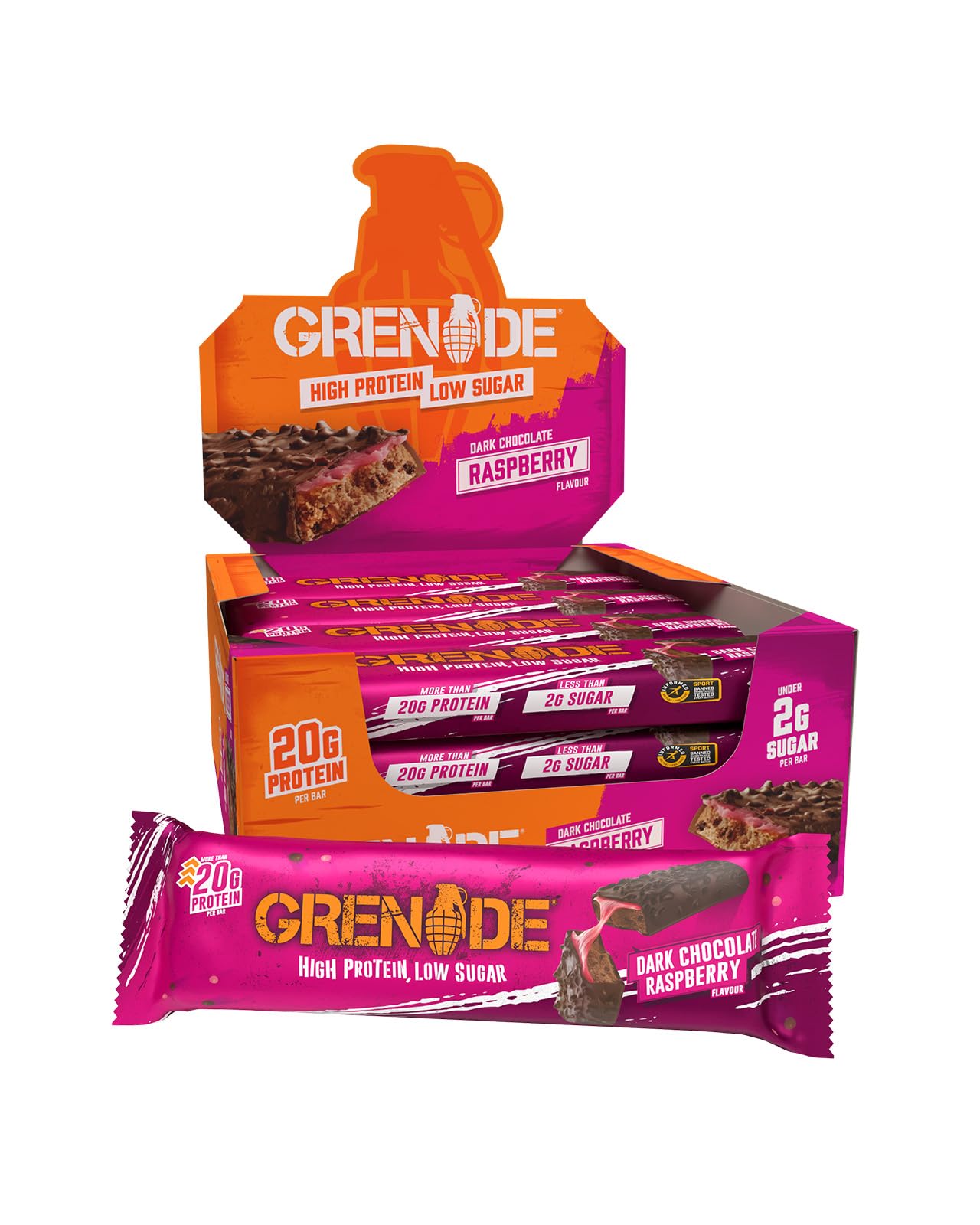 Grenade Dark Chocolate Raspberry Protein Bars, 12 x 60 g | High Protein, Low Sugar Bars, Over 20 g Protein & 0.9 g Sugar, Soft Nougat with Raspberry Caramel & Dark Chocolate Chunks