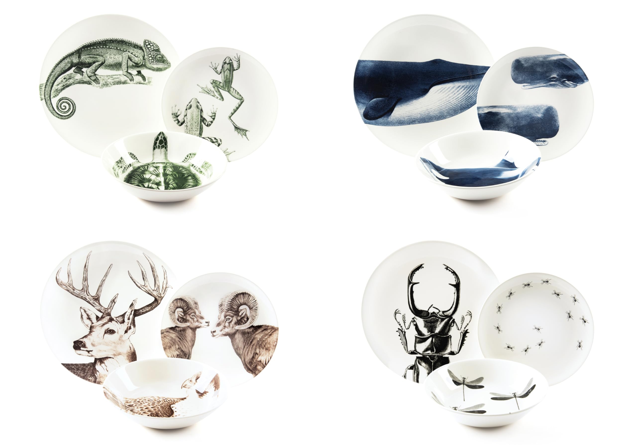 Excelsa Faune & Flore Service d'assiettes en céramique 12 pièces, décorations d'animaux naturalistes, assiette plate 27 cm, fond 20 cm, fruits 21 cm