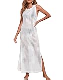 Women's Crochet Swimsuit Cover Up Sleeveless Side Slit Loose Casual Long Beach Dress