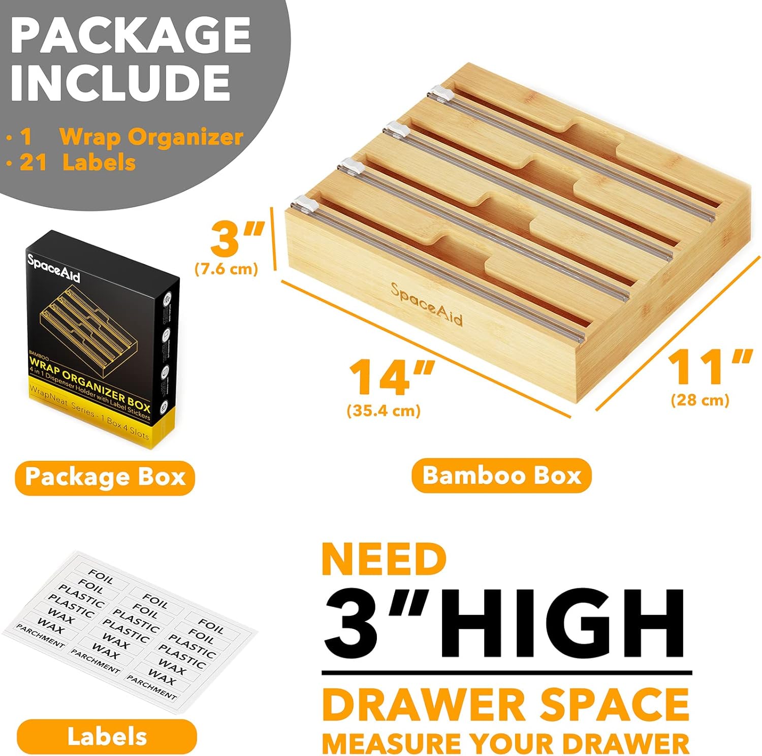 SpaceAid WrapNeat 4 in 1 Wrap Organizer with Cutter and Labels, Plastic Wrap, Aluminum Foil and Wax Bamboo Dispenser for Kitchen Storage Organization Holder for 12" Roll (Natural, 4-Slot)