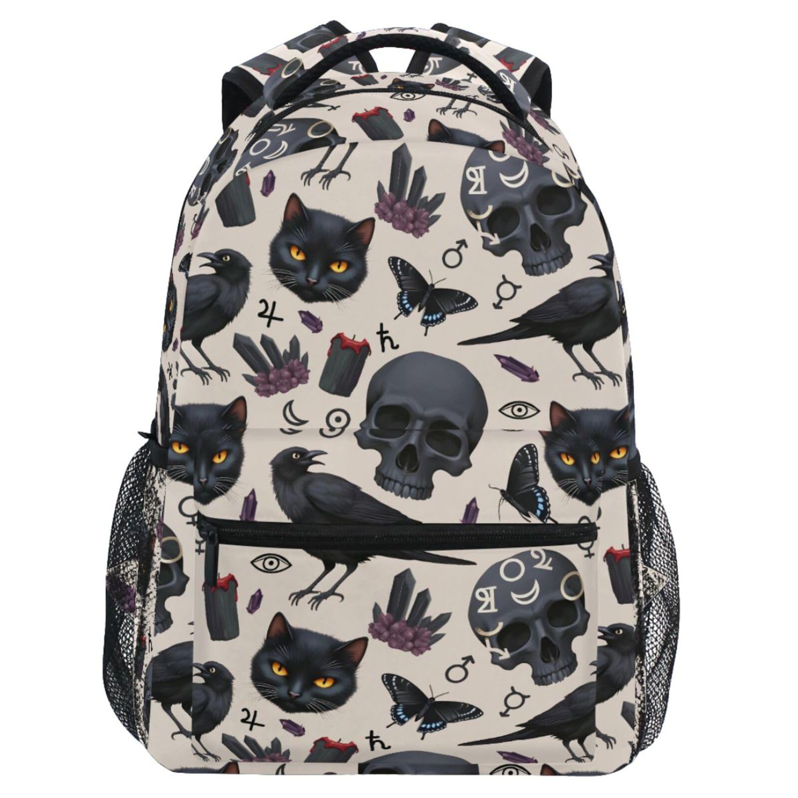 MNSRUU Student School Bag Goth Raven and Black Cat Backpack for Girls Boys College Bookbag Laptop Rucksack Travel Backpack for Adult Teen Casual