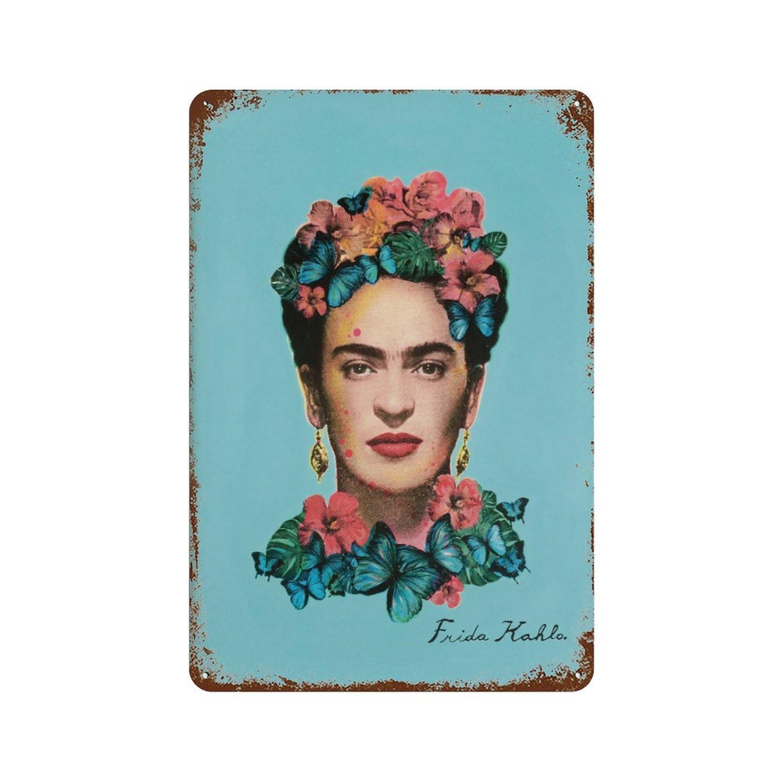 xiaoxiaoshen Frida Kahlo Portrait Blue Floral Mexican Wall Decor Art Metal Tin Poster Modern Home Decor Art Home Bar Shop Decorations Vintage Sign 30x20cm