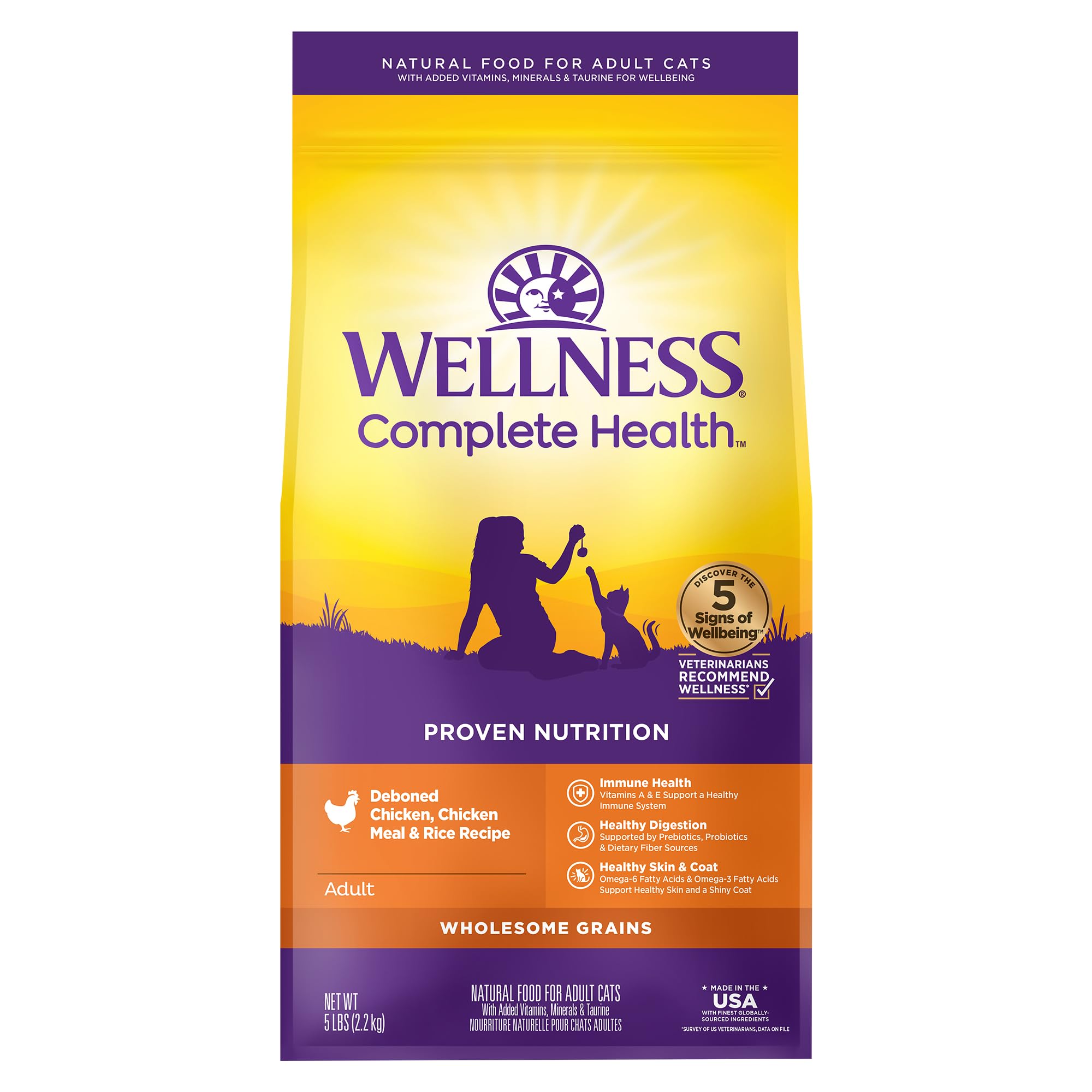 Amazon.com : Wellness Complete Health Adult Dry Cat Food for Indoor and Outdoor  Cats, Wholesome Grains, Natural, Chicken & Chicken Meal (5 Pound Bag) : Pet  Supplies